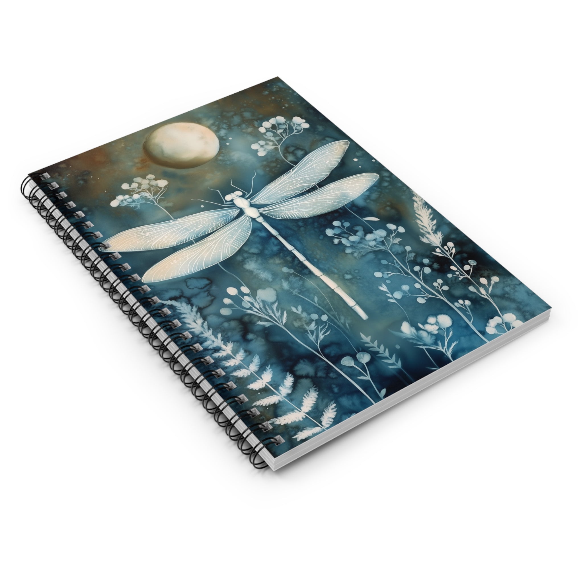 Cyanotype style illustration of a dragonfly under a glowing moon surrounded by delicate botanical plants
