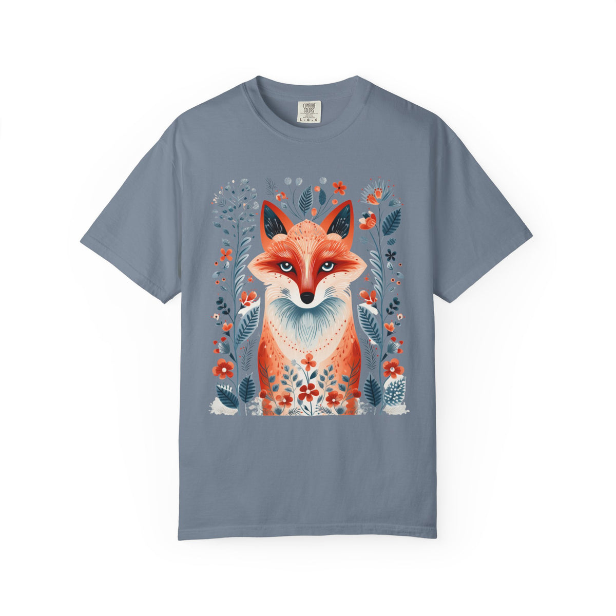 A slate blue crewneck t-shirt featuring a detailed graphic print of a fox surrounded by wildflowers, displayed on a clean white background.