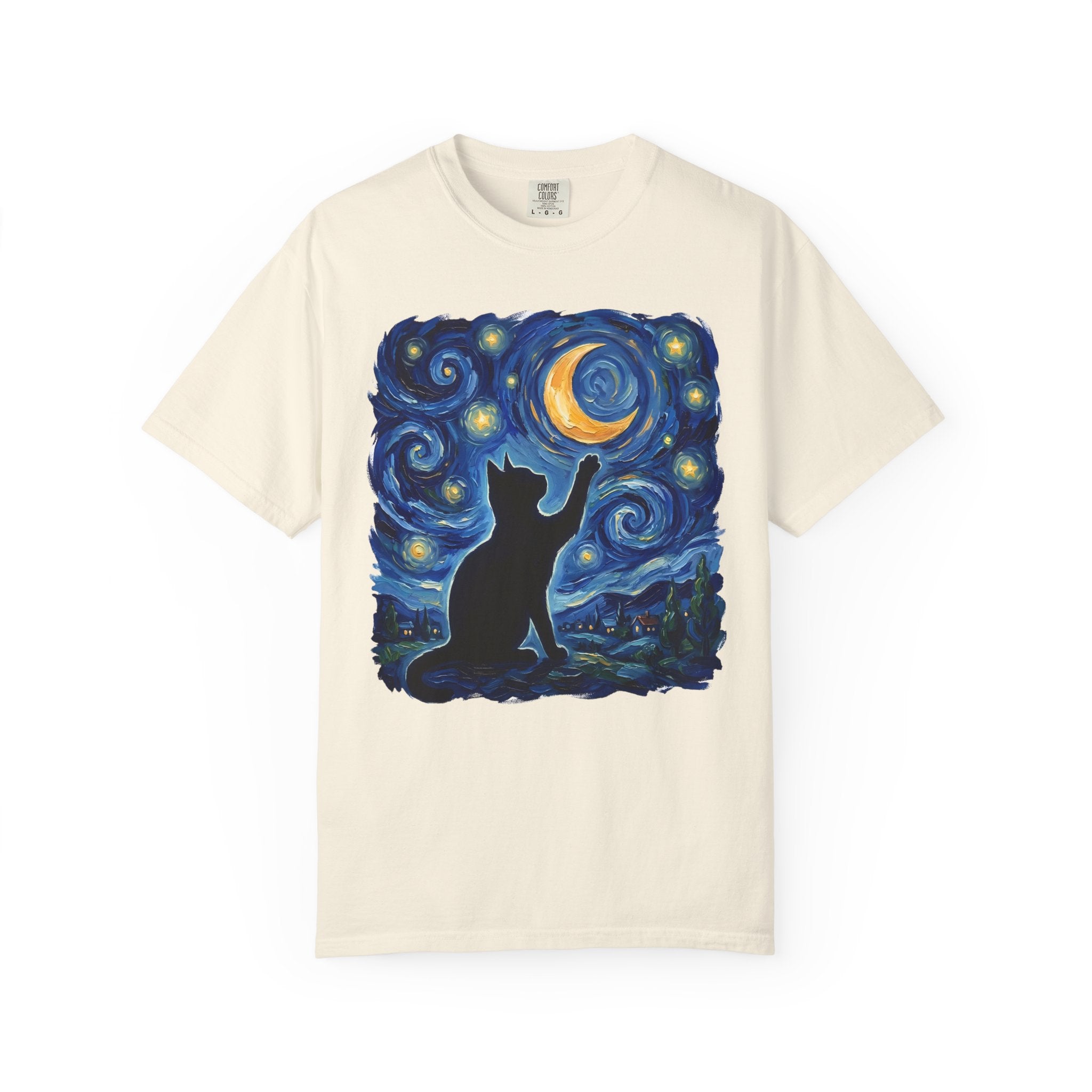 Whimsical black cat illustration reaching toward a glowing crescent moon beneath a swirling blue starry night sky. Celestial cottagecore artwork featuring stars, moonlight, and magical cat aesthetic.