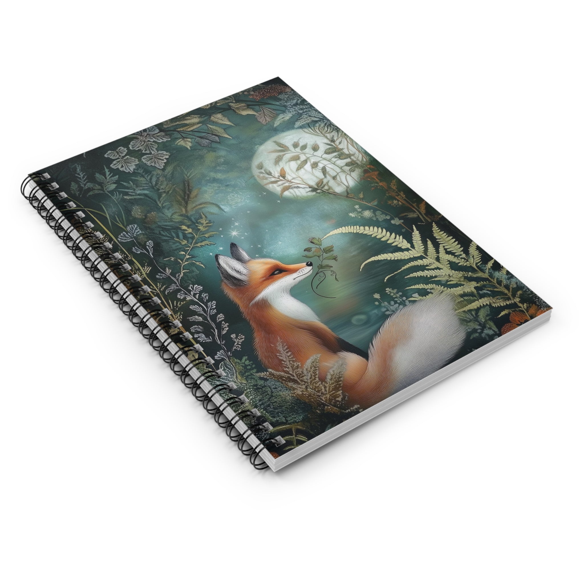 Illustrated red fox under a glowing moon holding a small leafy branch surrounded by ferns and woodland foliage, cottagecore notebook cover design