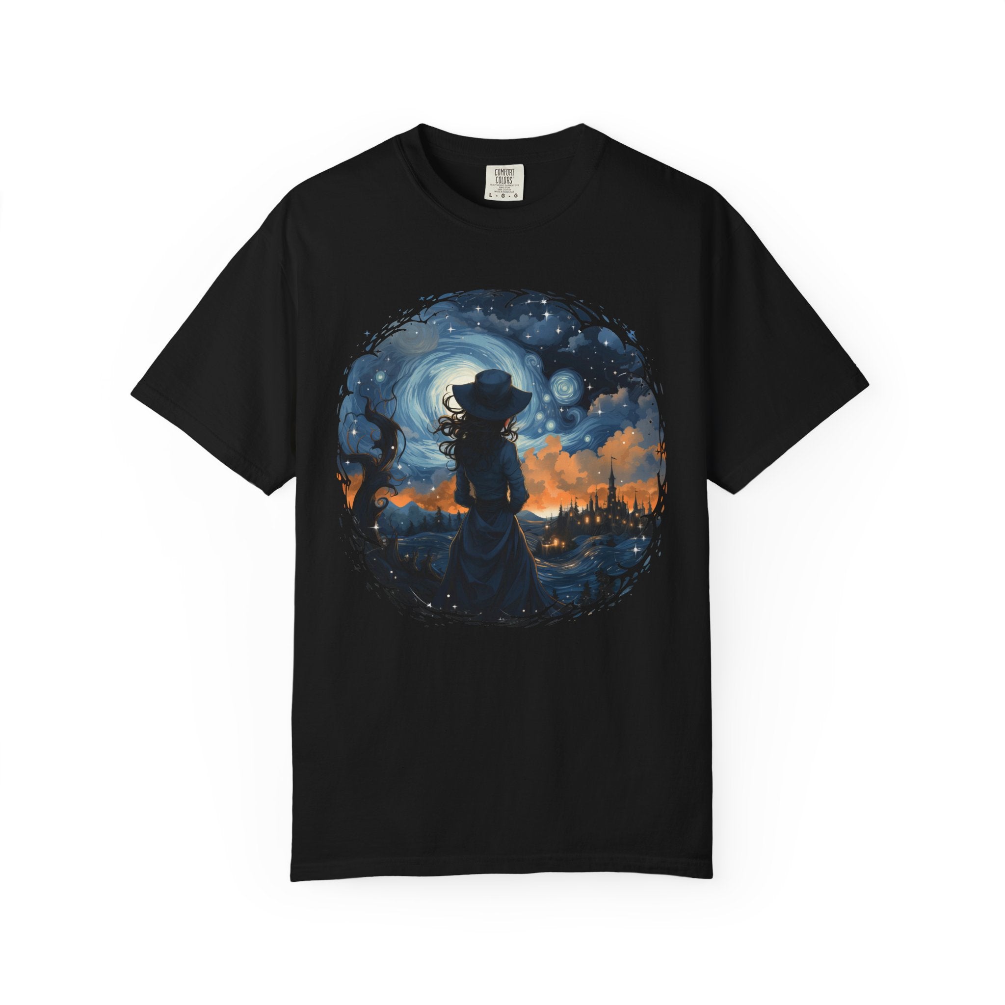 Celestial witch standing beneath swirling galaxy and glowing town – witchcore aesthetic shirt design