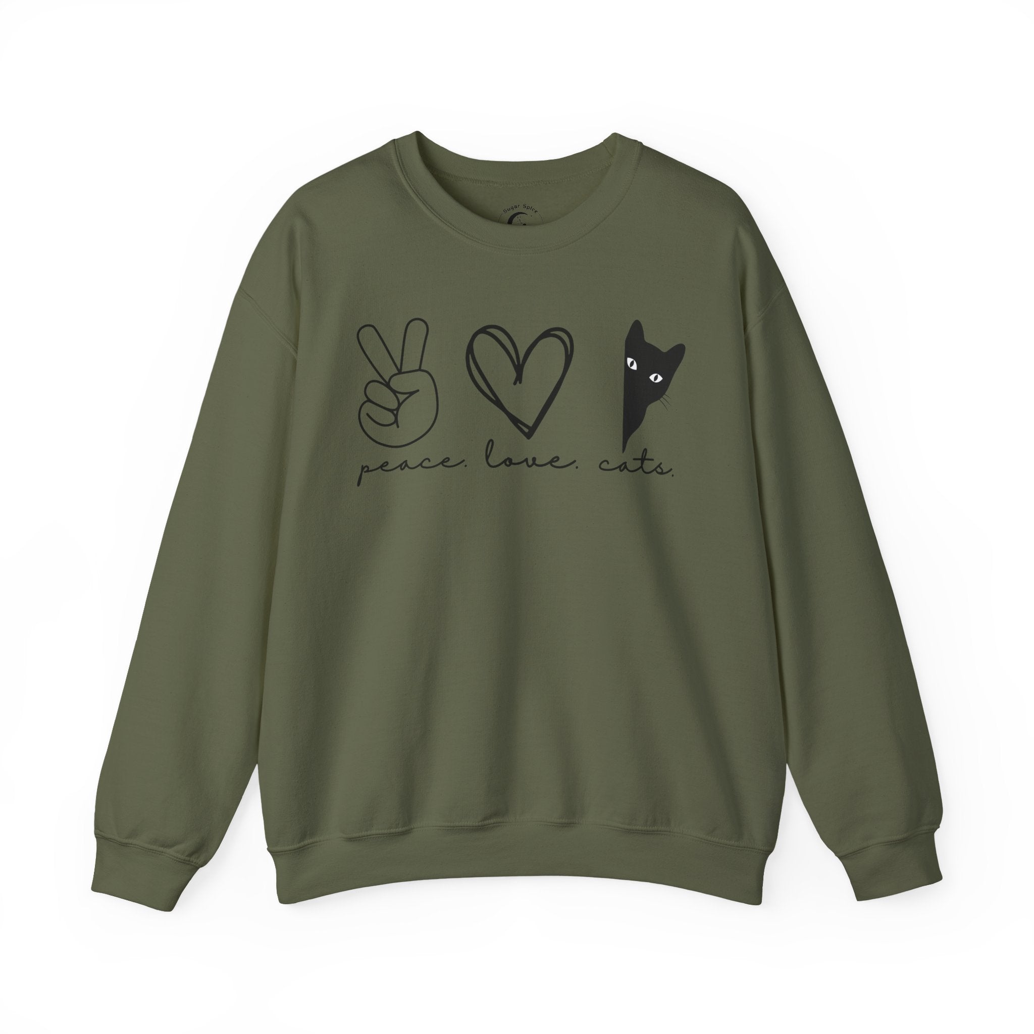 Cozy Gildan 18000 black cat sweatshirt featuring a minimalist peeking cat design. The perfect gift for cat moms, black cat lovers, introverts, and cozy cottagecore style.