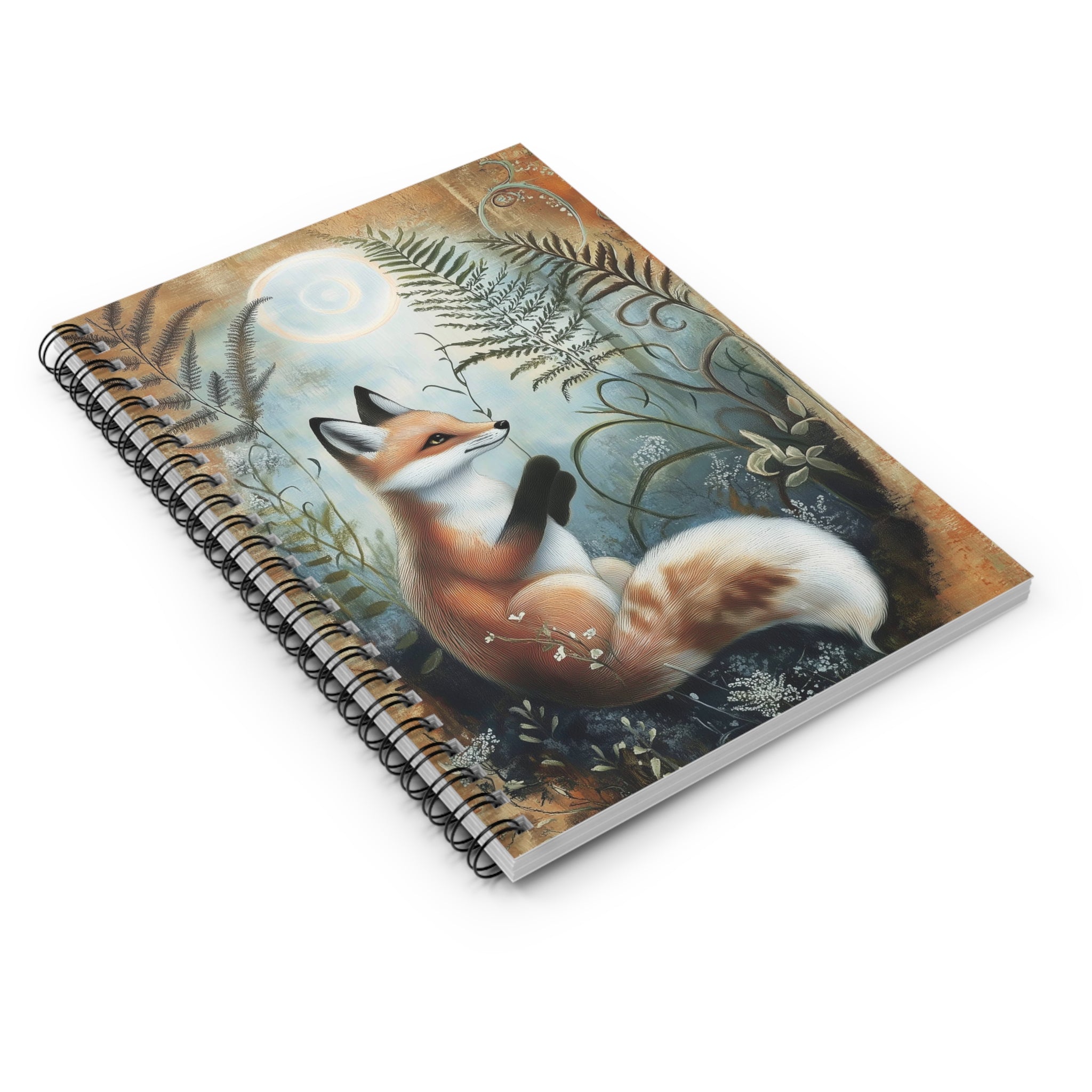 Illustrated red fox sitting among ferns and wildflowers under soft golden sunlight, whimsical cottagecore notebook cover design