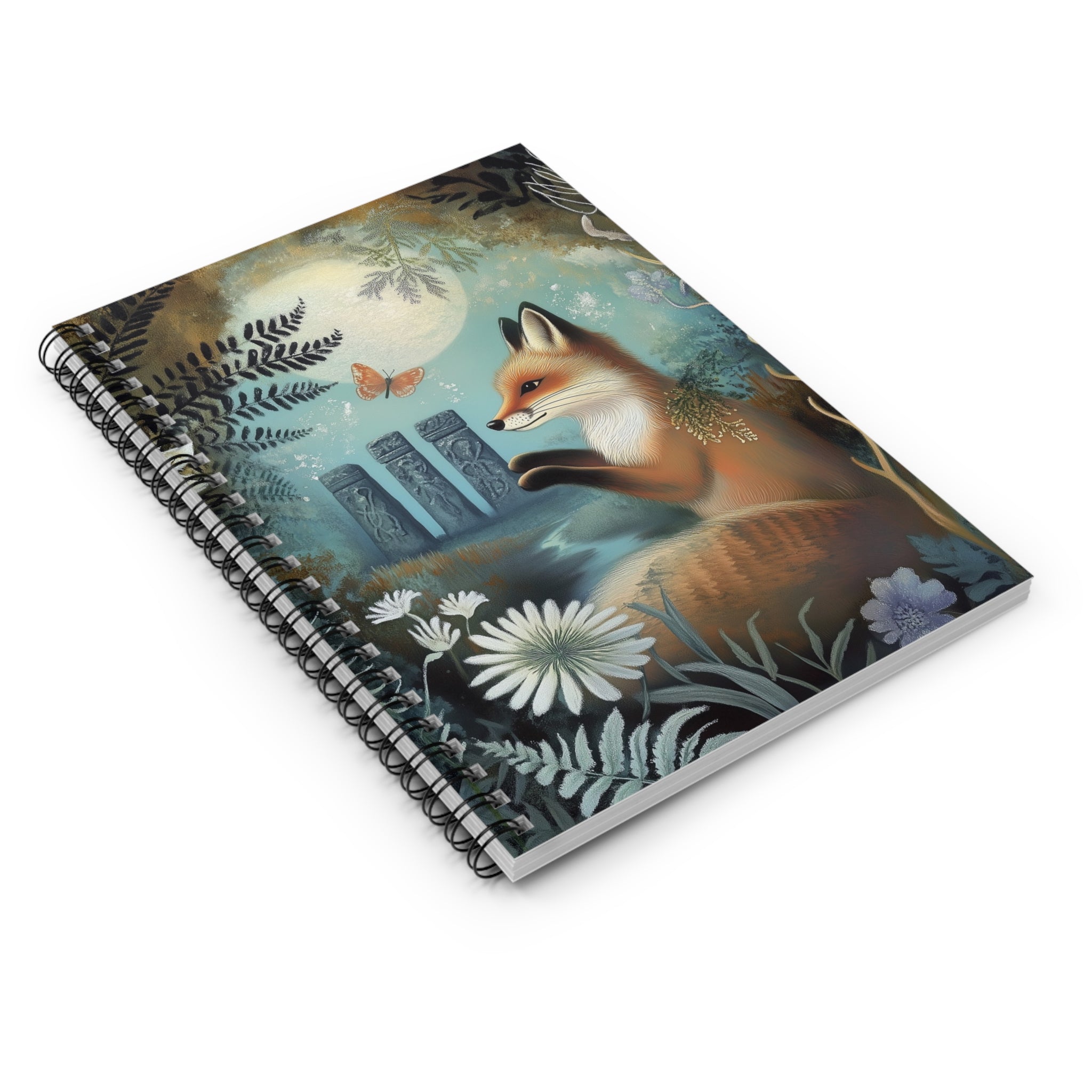 Illustrated red fox beneath a full moon near ancient standing stones surrounded by wildflowers and ferns, cottagecore notebook cover design