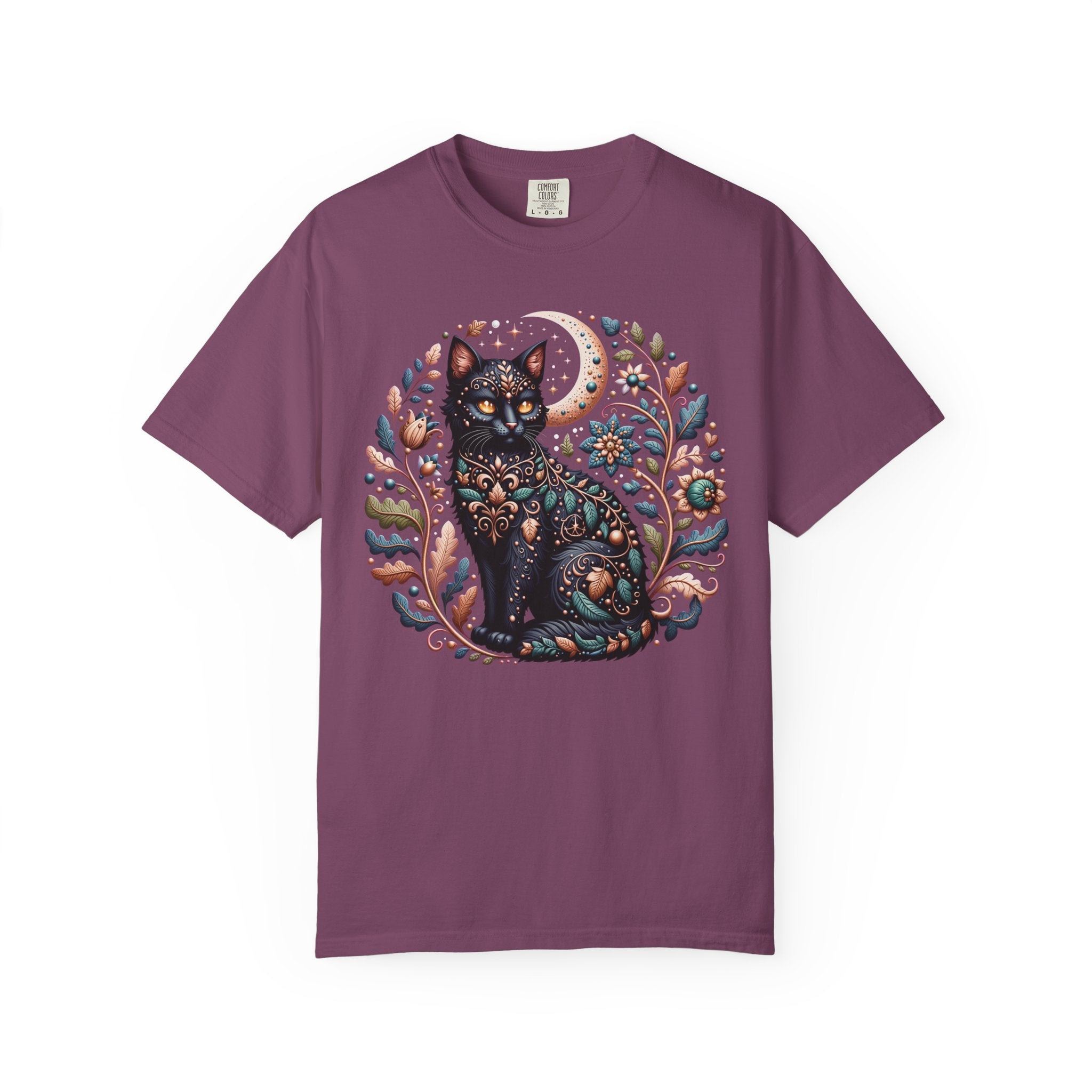 Mystical Black Cat Shirt | Cottagecore Cat Lover Tee | Witchy Botanical Moon Cat Graphic Tee | Whimsical Cat Lover Gift