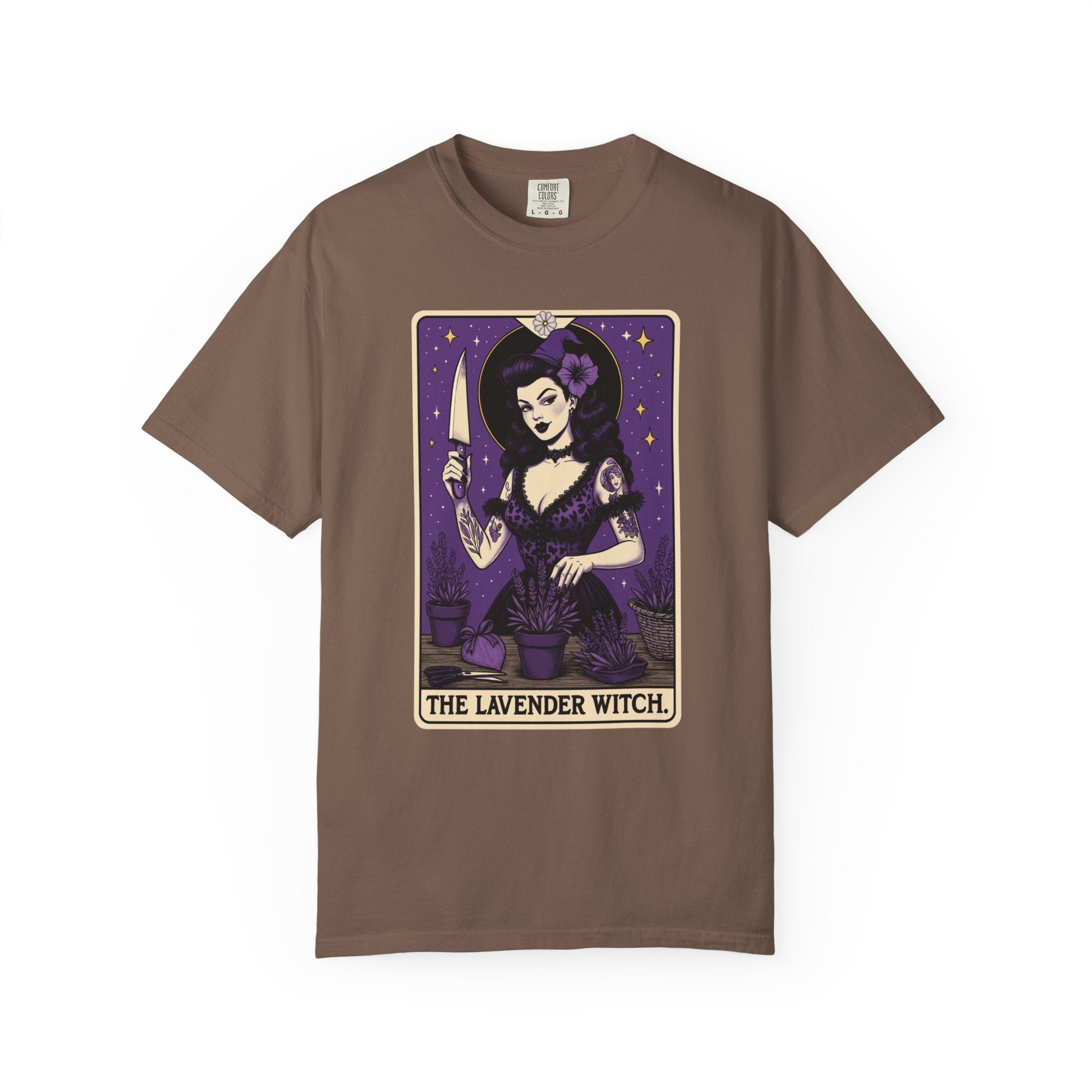 Vintage tarot-style witch shirt featuring a woman tending lavender plants with a knife and flower hat, surrounded by stars.