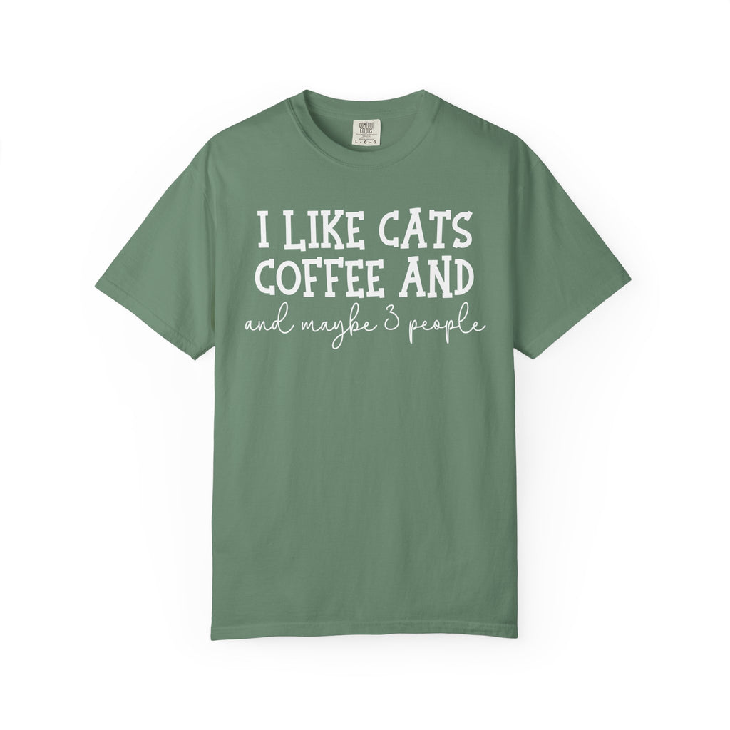 Funny "I Like Cats Coffee and Maybe 3 People" graphic t-shirt for cat lovers, coffee lovers and introverts on a premium Comfort Colors shirt.