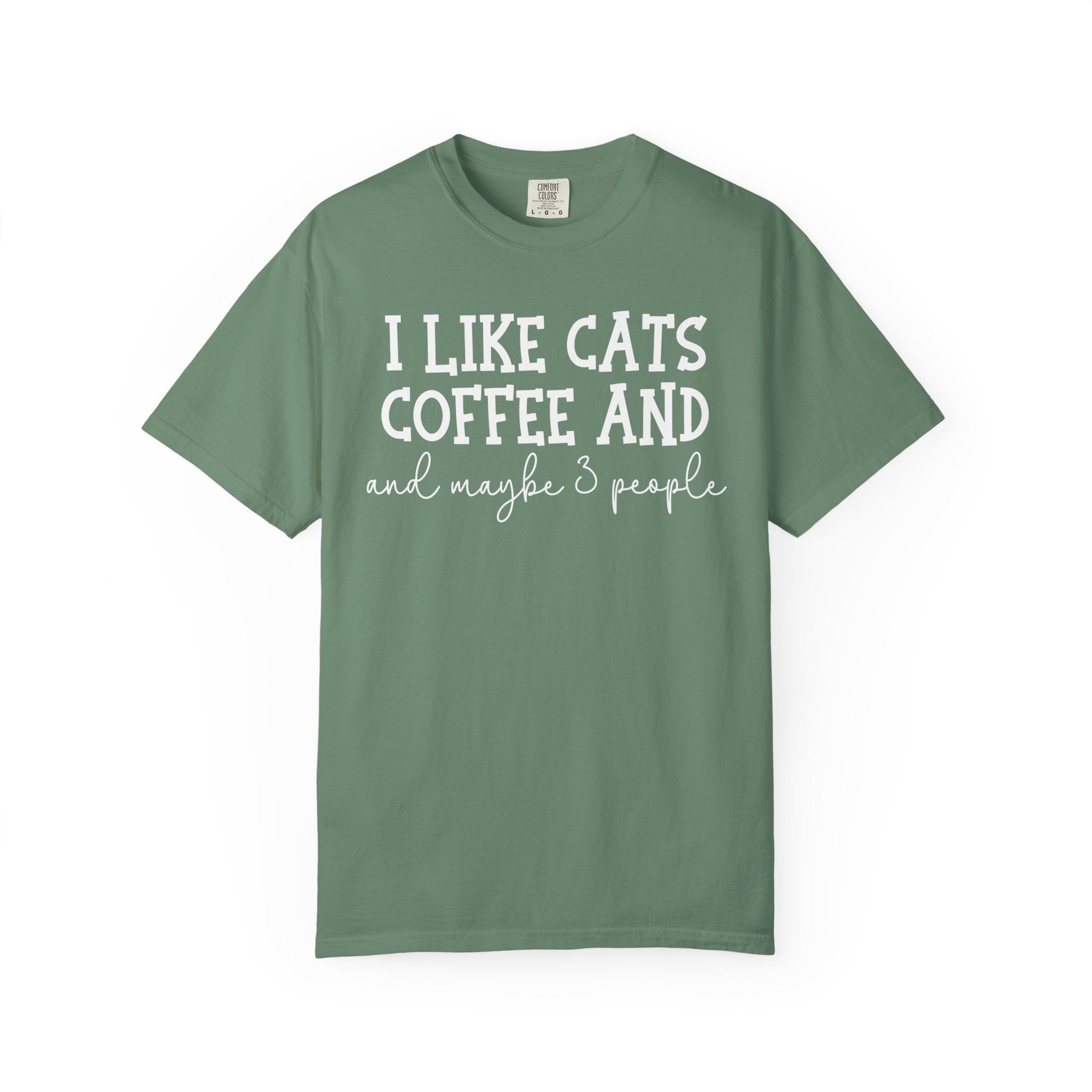 Funny "I Like Cats Coffee and Maybe 3 People" graphic t-shirt for cat lovers, coffee lovers and introverts on a premium Comfort Colors shirt.