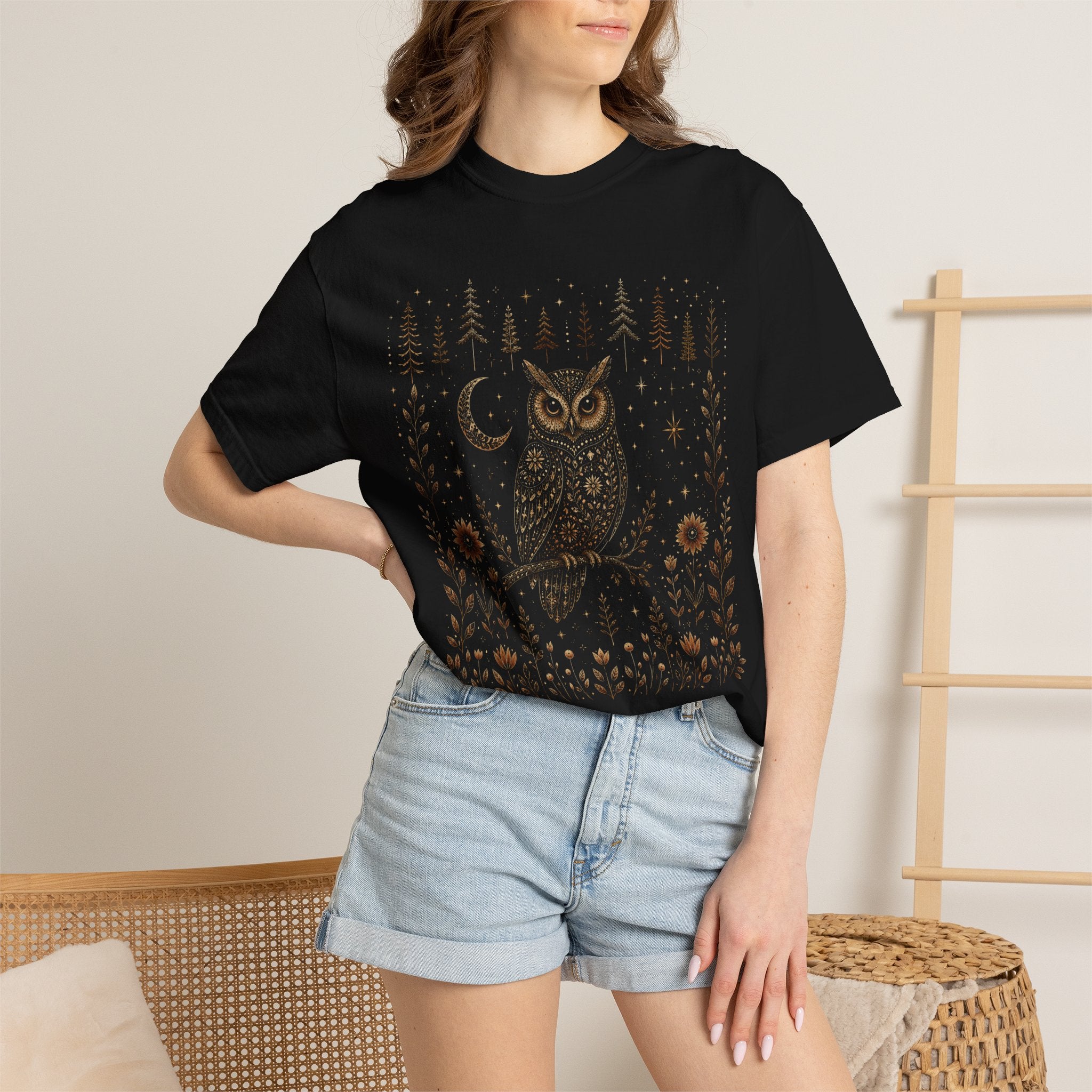 Celestial Owl Shirt – Moon & Woodland Owl Tee, Witchy Cottagecore Shirt, Mystical Forest Graphic Tee, Comfort Colors Nature Shirt