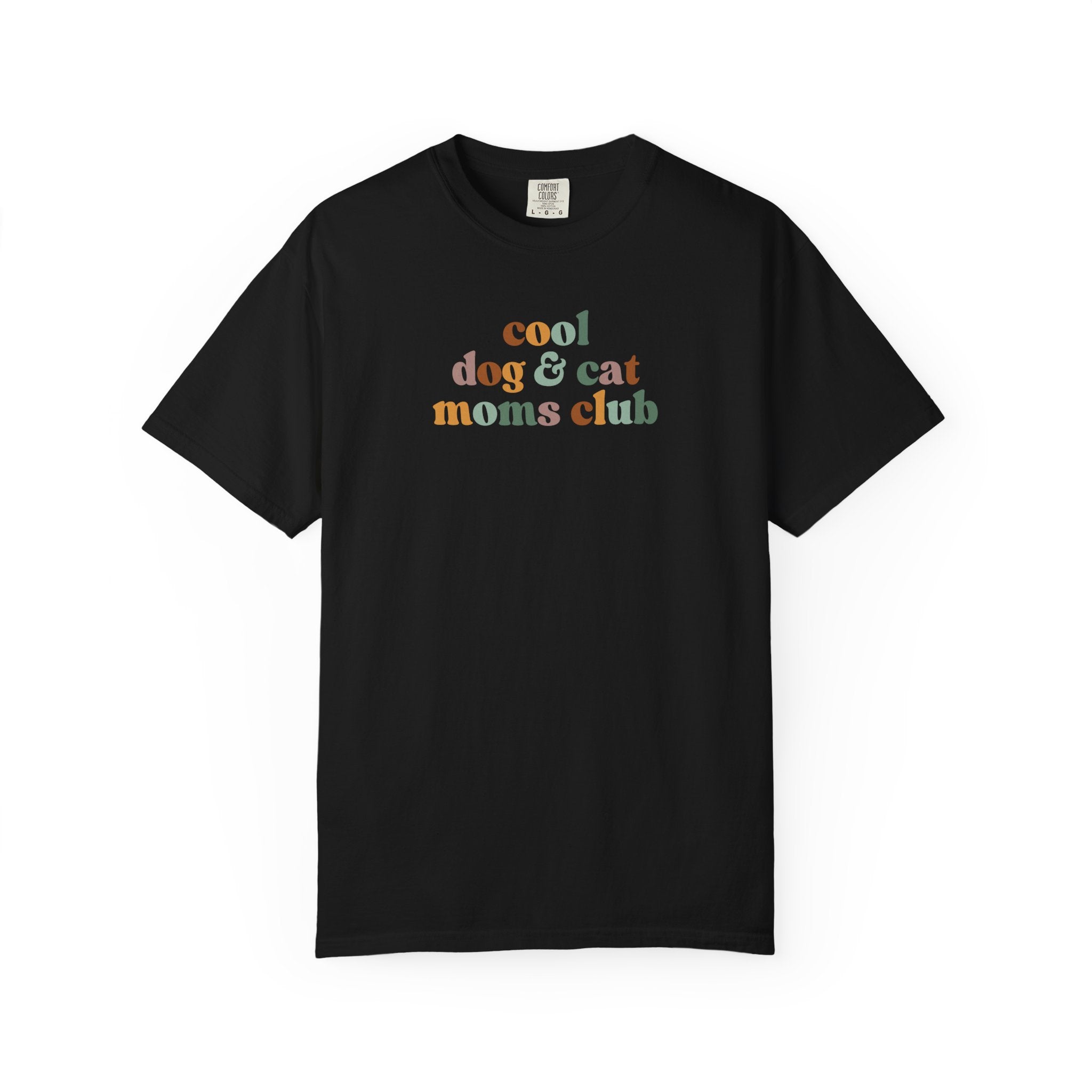 Retro "Cool Dog & Cat Moms Club" graphic t-shirt featuring colorful vintage lettering for dog moms, cat moms, and proud pet lovers.