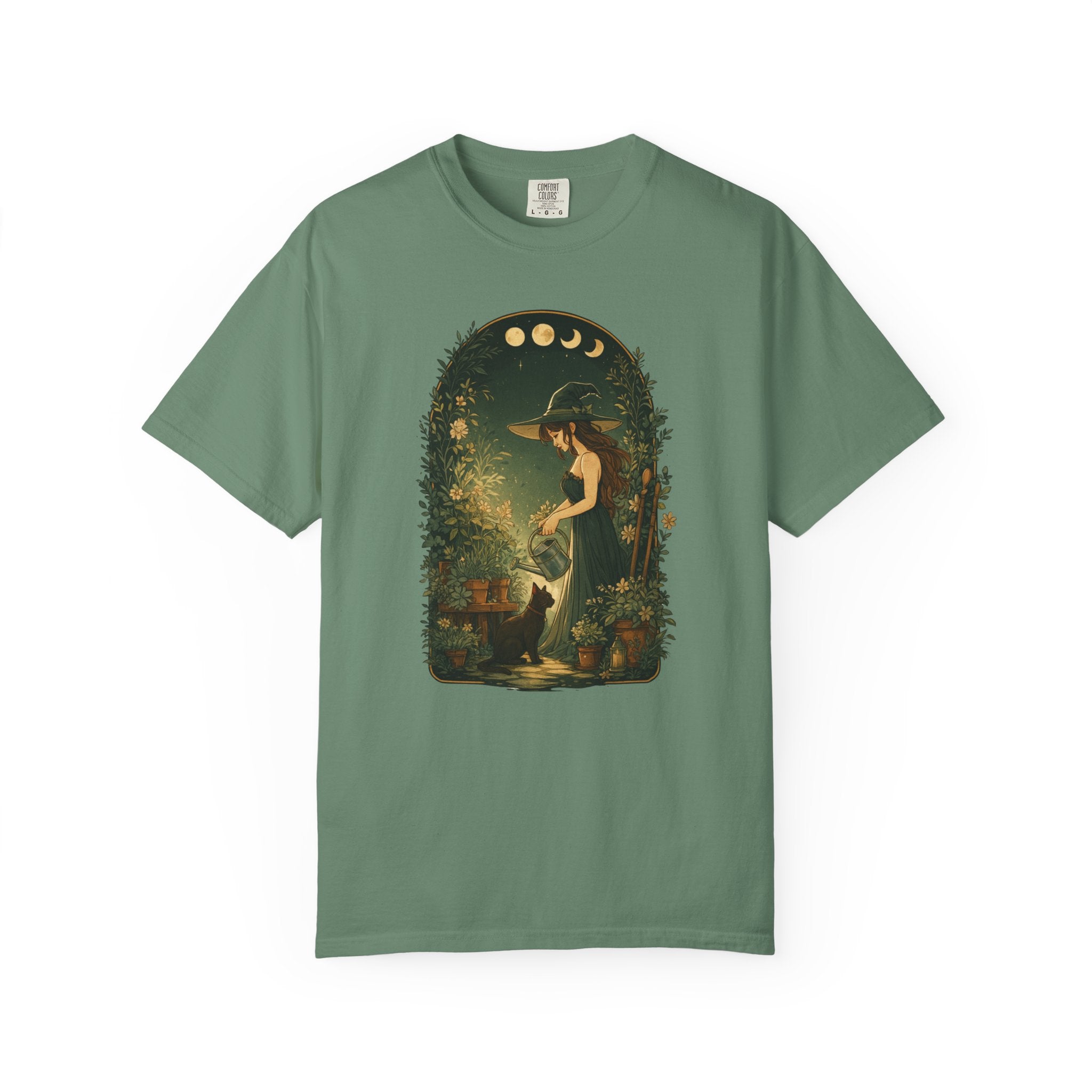 Cottagecore illustration of a garden witch in a green dress watering plants under moon phases, surrounded by foliage and flowers with a black cat by her side.