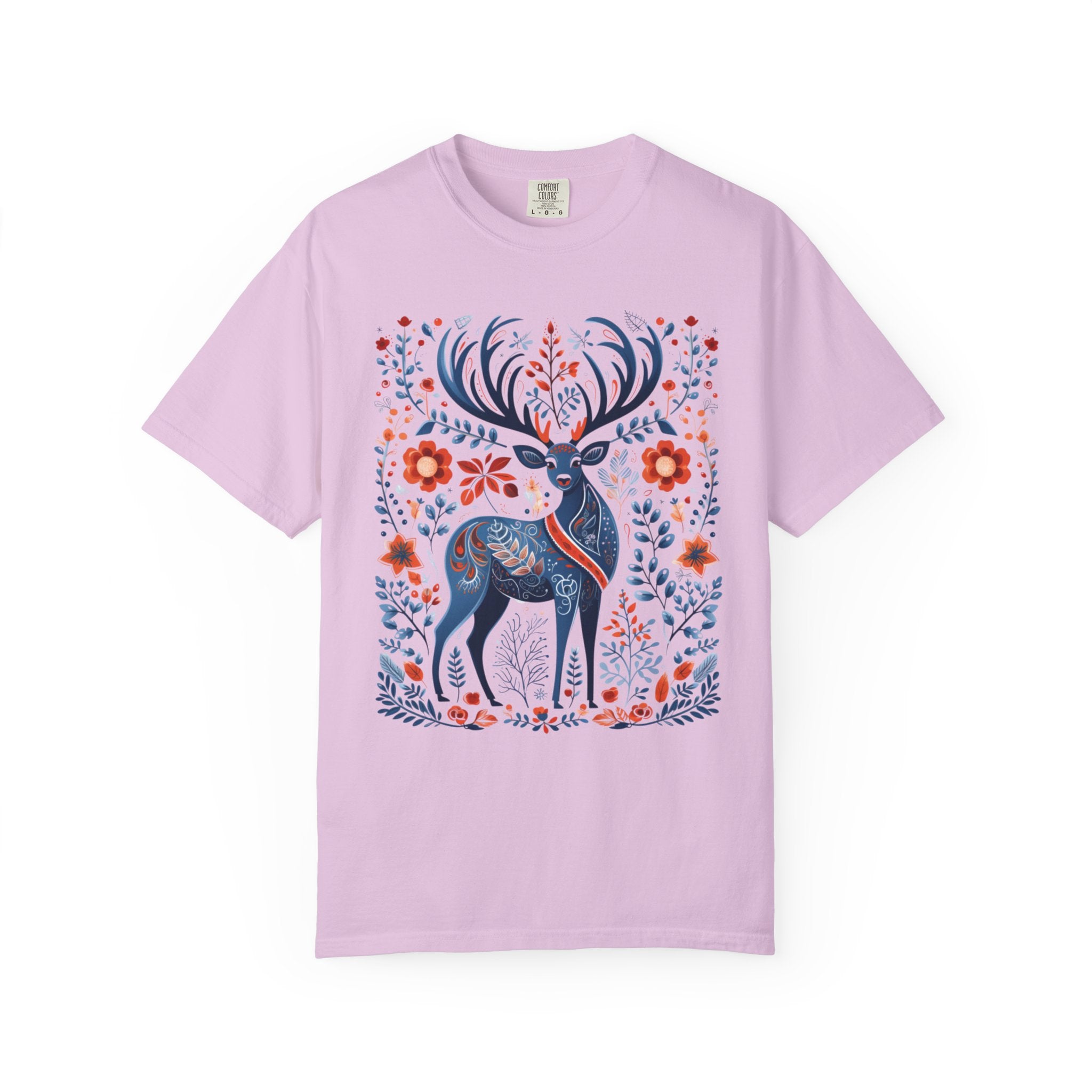 Nordic folk art stag with ornate antlers surrounded by flowers and woodland botanicals in a cottagecore forest design
