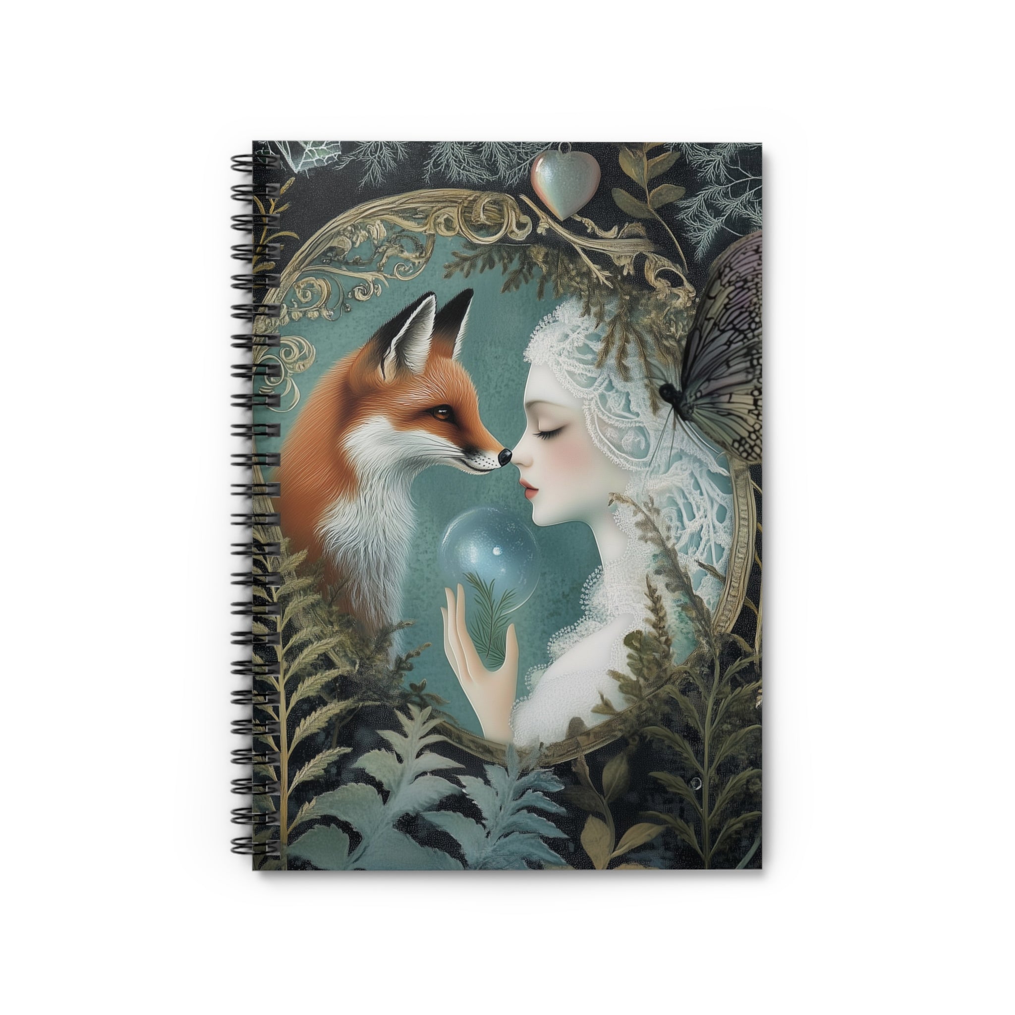 Illustrated forest maiden touching noses with a red fox framed by ferns and woodland foliage under soft moonlight, cottagecore notebook cover design
