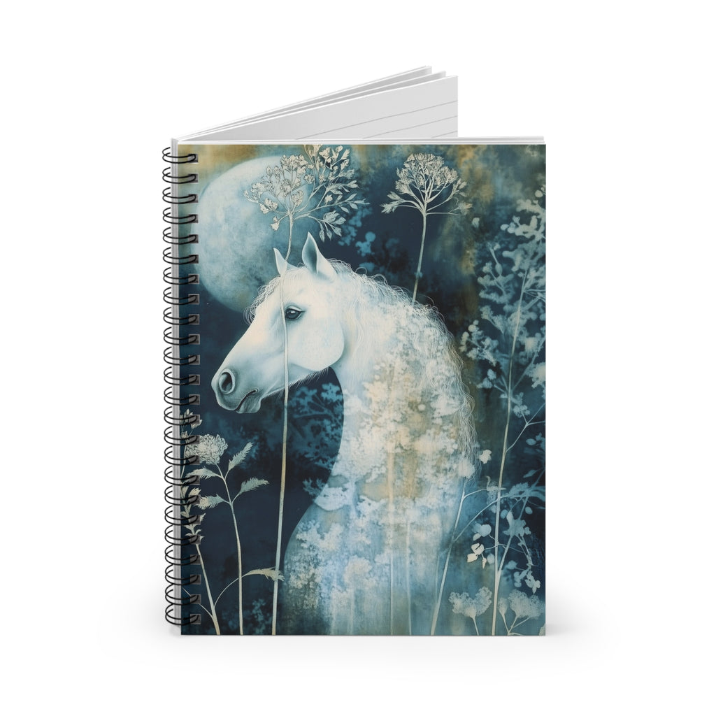 Cyanotype style illustration of a white horse under a glowing moon surrounded by delicate botanical plants