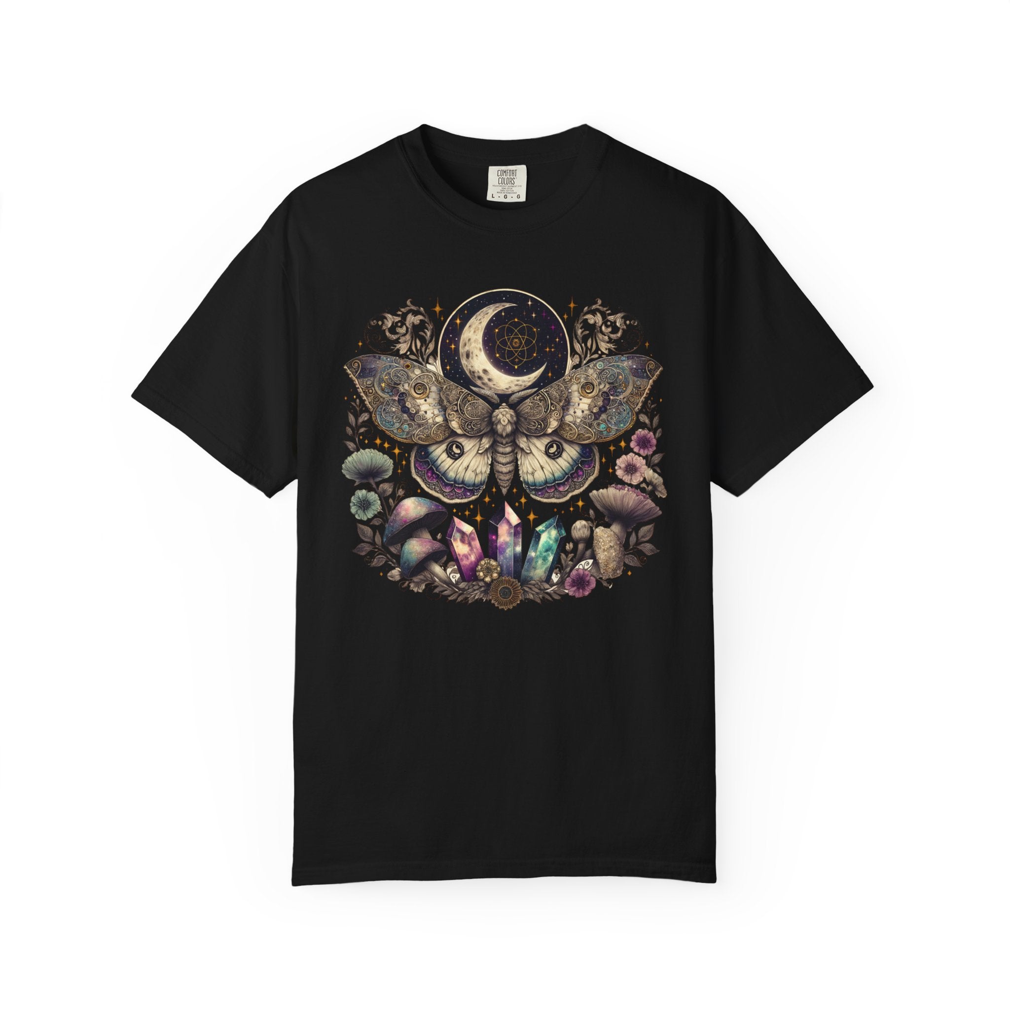 Intricate celestial luna moth illustration surrounded by crystals, mushrooms, flowers, stars, and crescent moon in a mystical fantasy style.