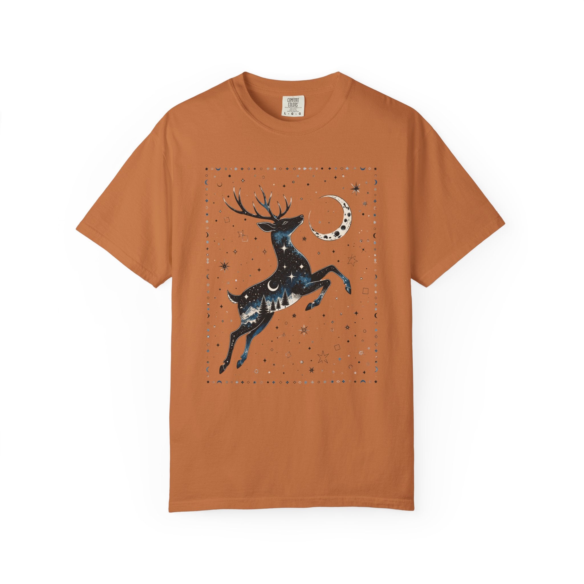 Celestial stag illustration filled with stars, moon phases, pine trees, and mountain scenery beneath a crescent moon in a mystical night-sky design.