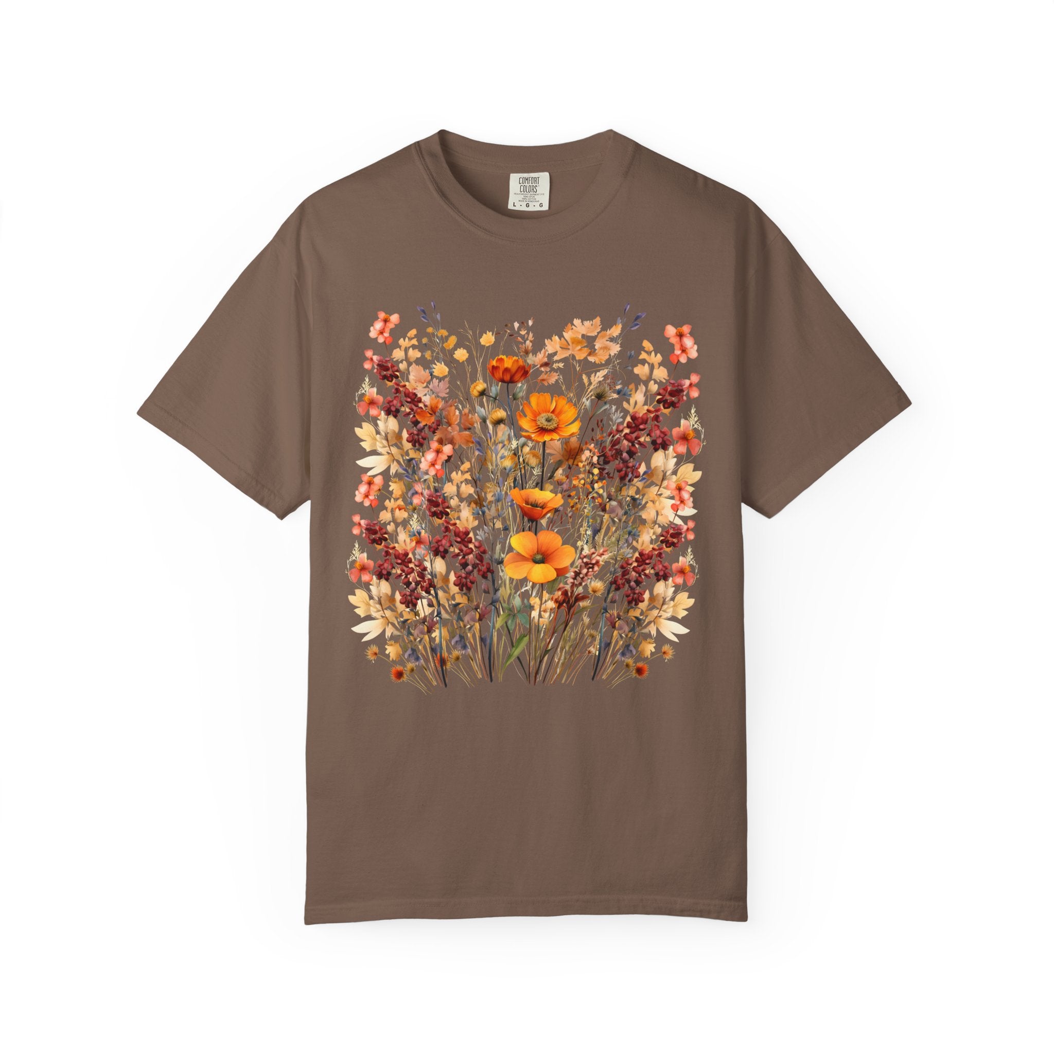 Golden meadow floral shirt with warm autumn wildflowers – cottagecore tee