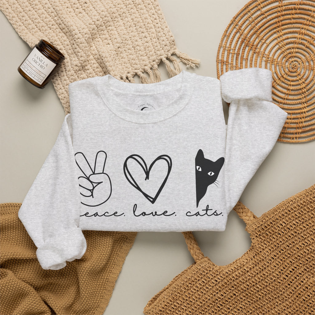 Peace Love Cats Crewneck Sweatshirt – Cat Lover Graphic Pullover