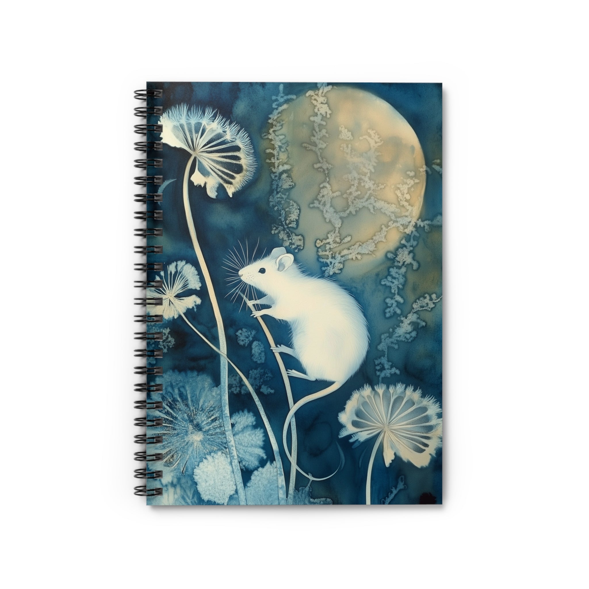Cyanotype style illustration of a white mouse climbing dandelion stems under a glowing moon surrounded by botanical plants