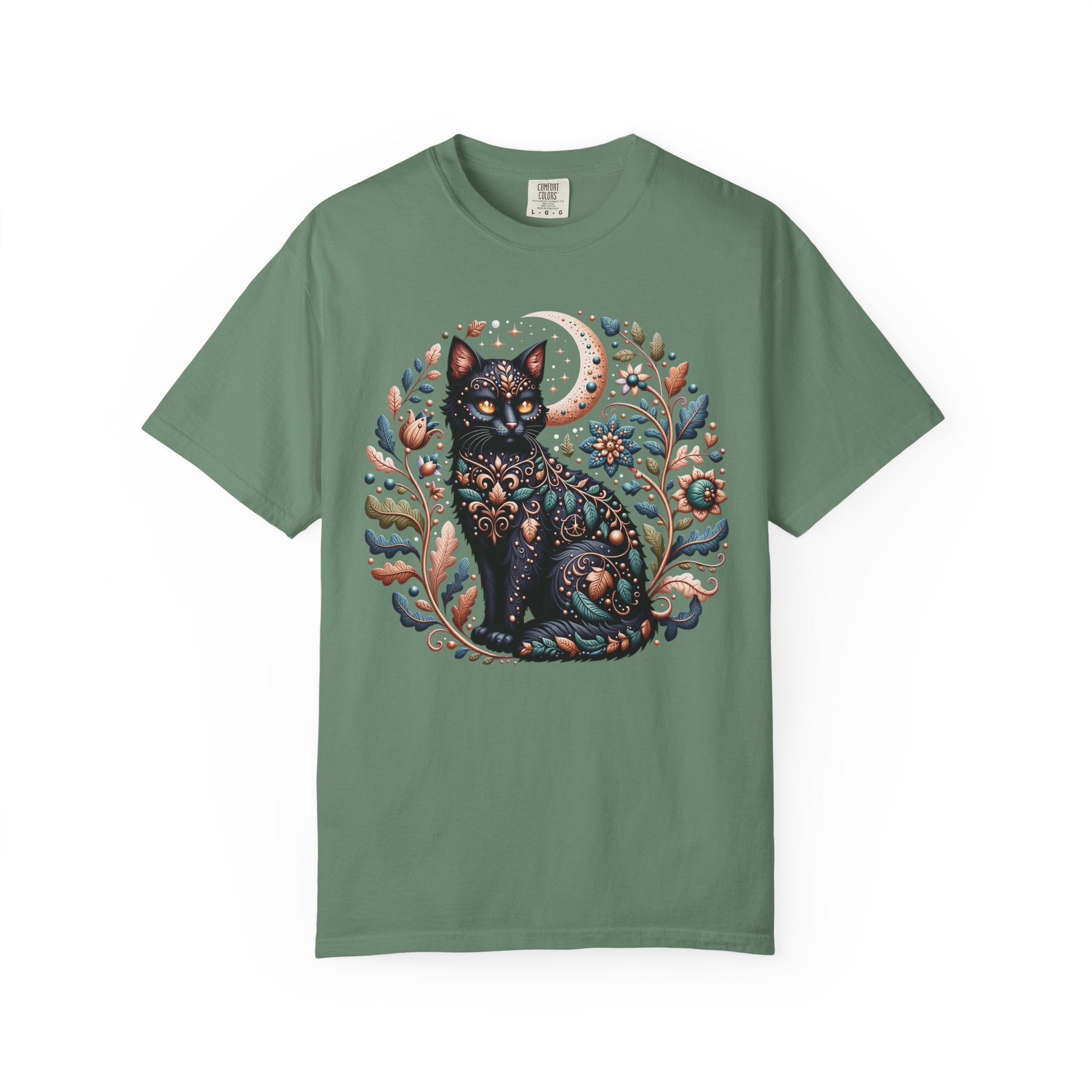 Mystical Black Cat Shirt | Cottagecore Cat Lover Tee | Witchy Botanical Moon Cat Graphic Tee | Whimsical Cat Lover Gift