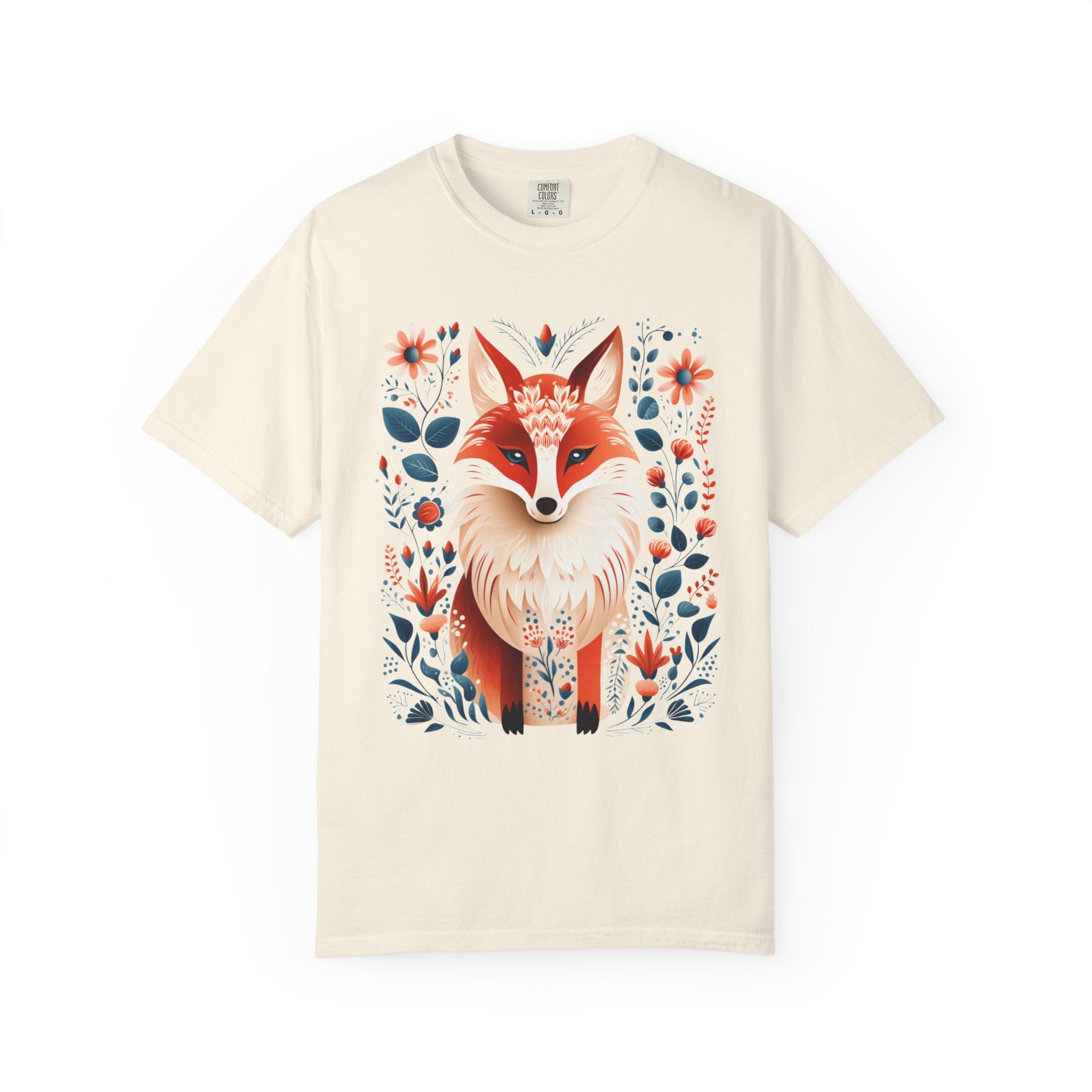 Nordic folk art fox surrounded by flowers and woodland leaves in a cottagecore forest design