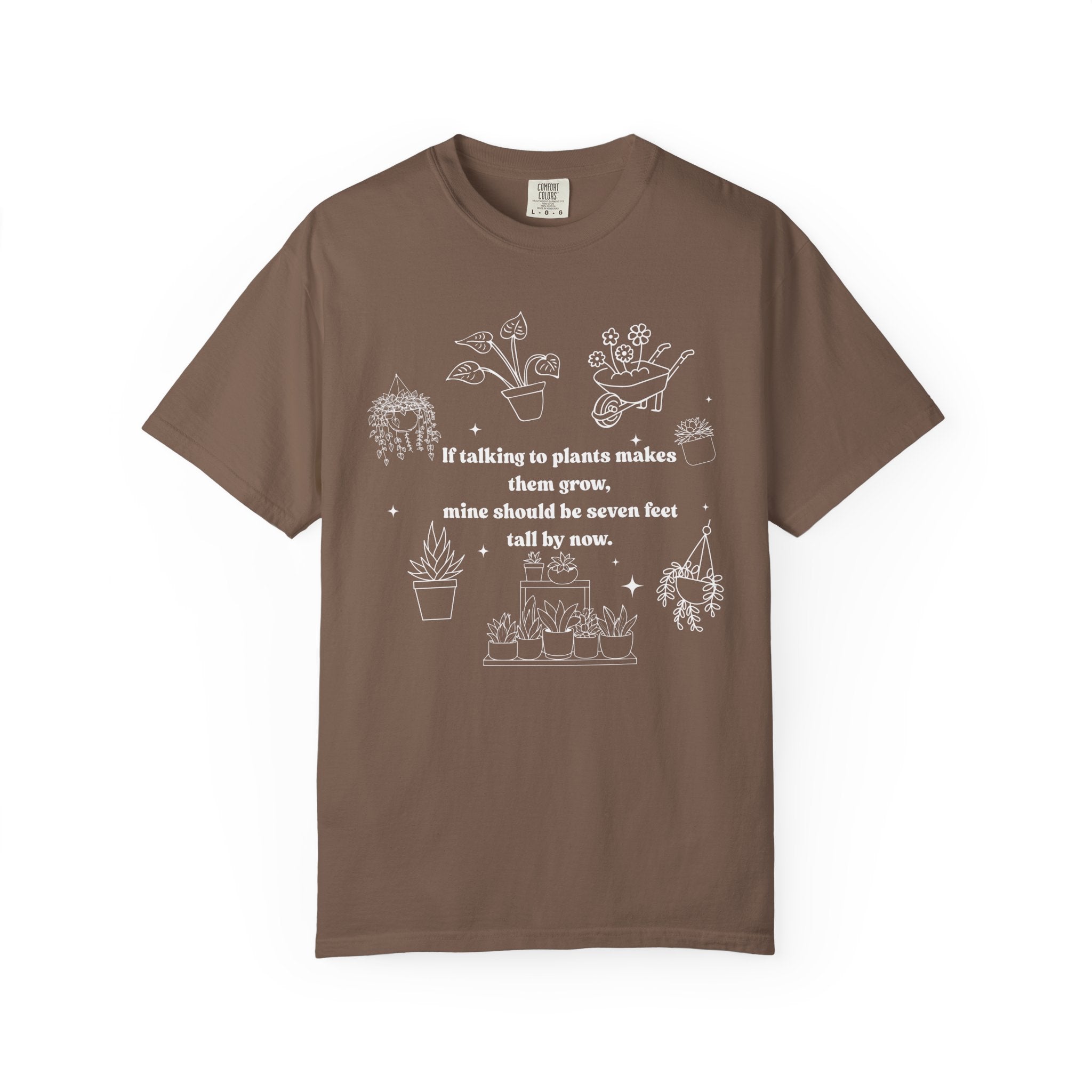 Funny plant lover shirt design with white line-art plants and text “If talking to plants makes them grow, mine should be seven feet tall by now.”