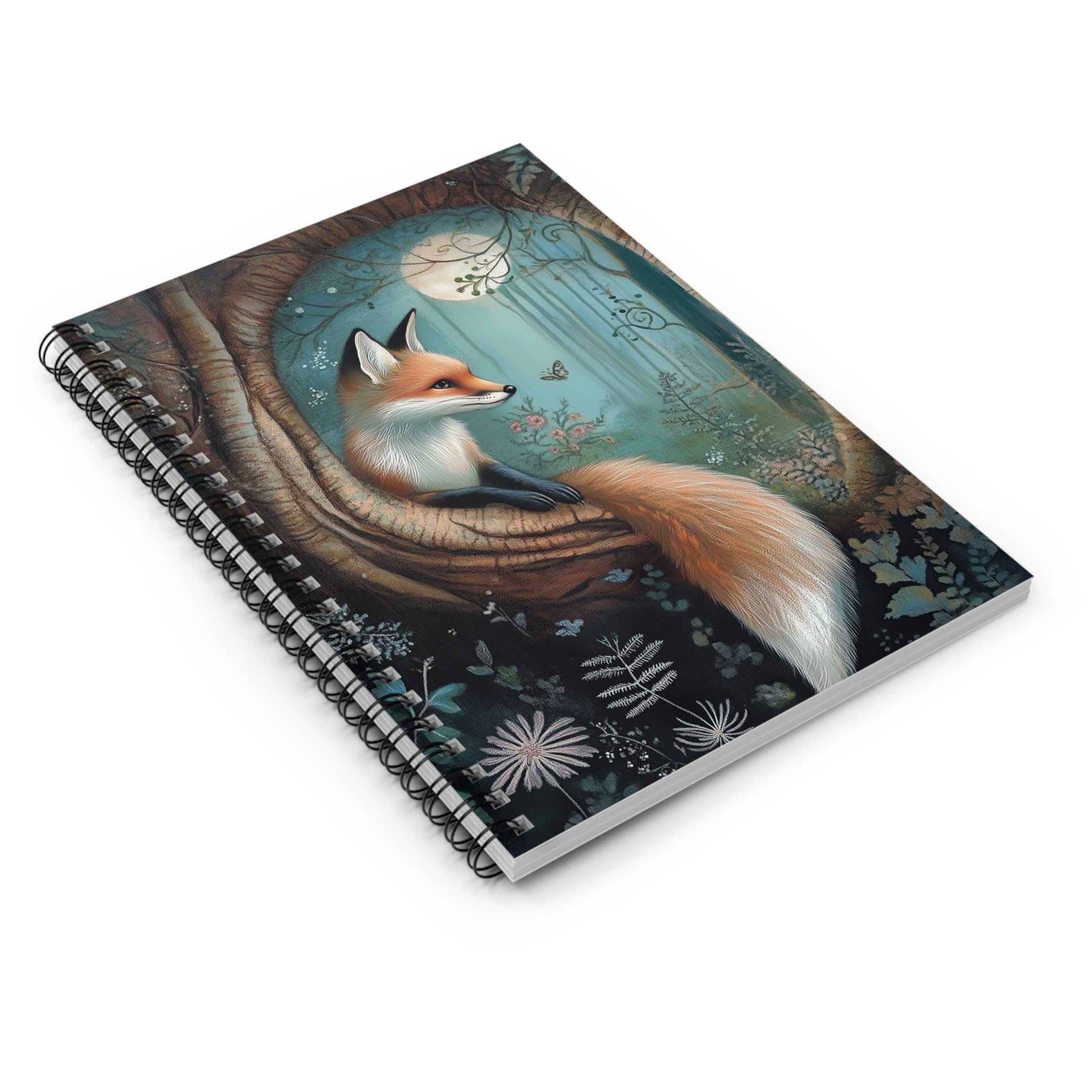 Illustrated red fox resting inside a tree hollow under a glowing moon surrounded by wildflowers and woodland foliage, cottagecore notebook cover design