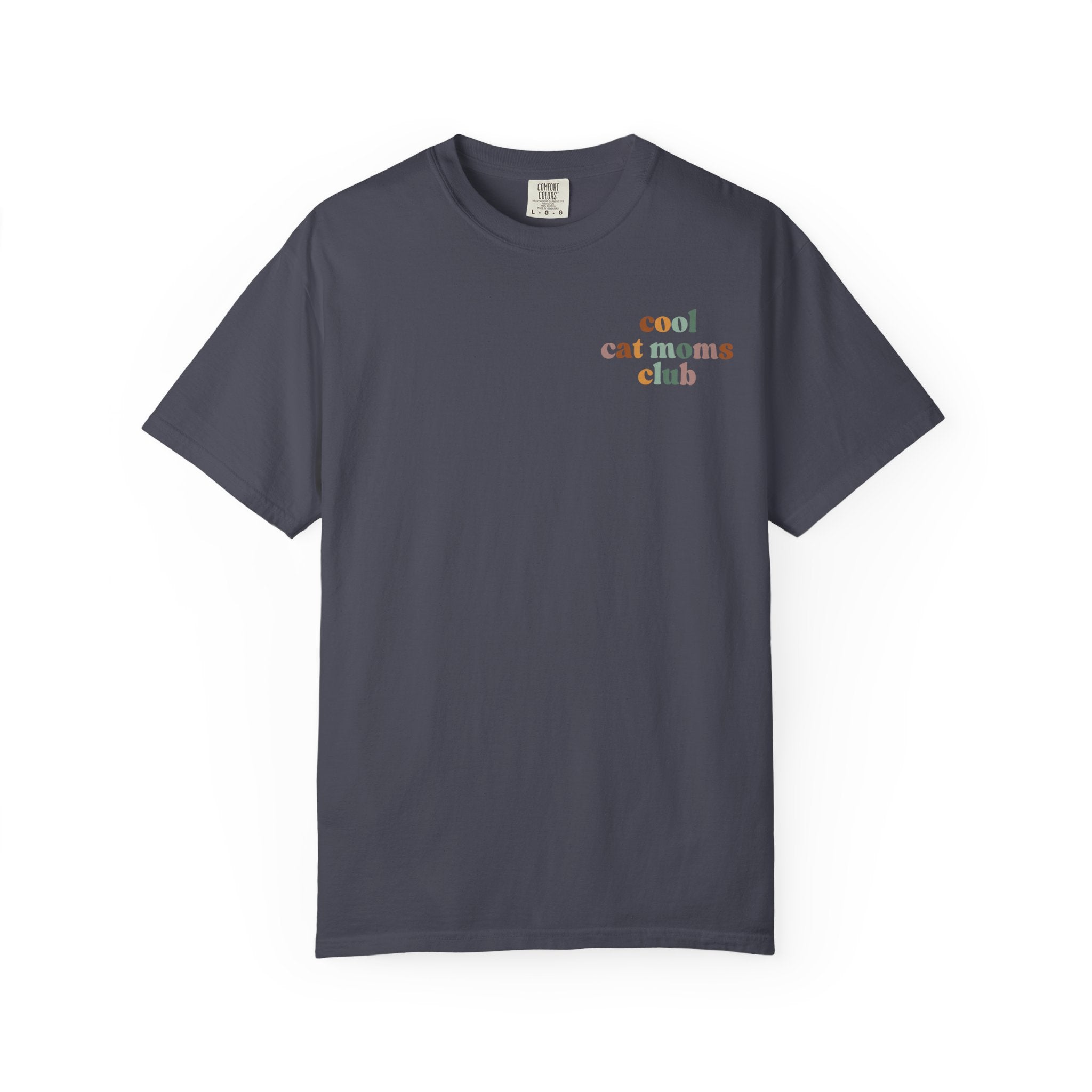 Cute "Cool Cat Moms Club" retro typography graphic t-shirt featuring pastel lettering for cat moms and cat lovers.