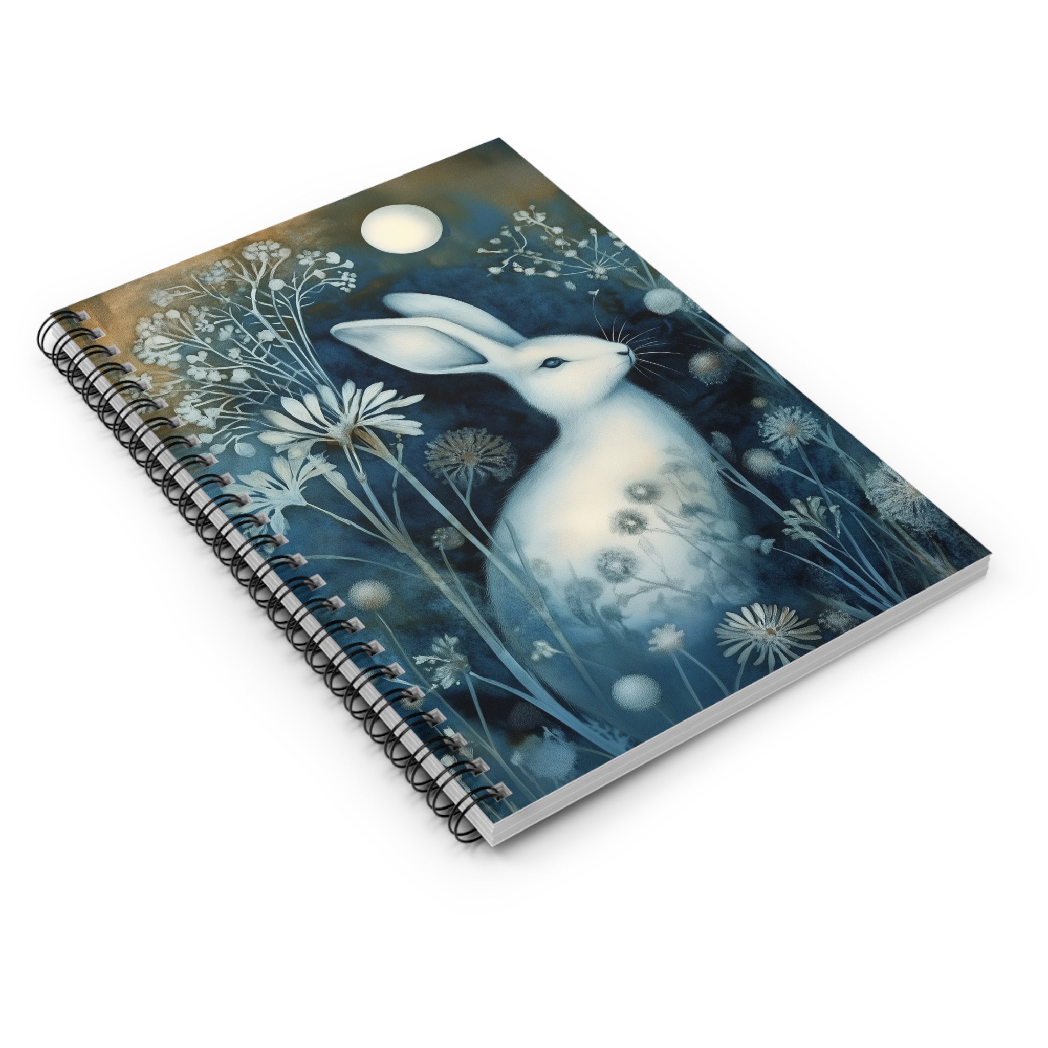 Cyanotype style illustration of a white hare sitting under a glowing moon surrounded by delicate woodland flowers