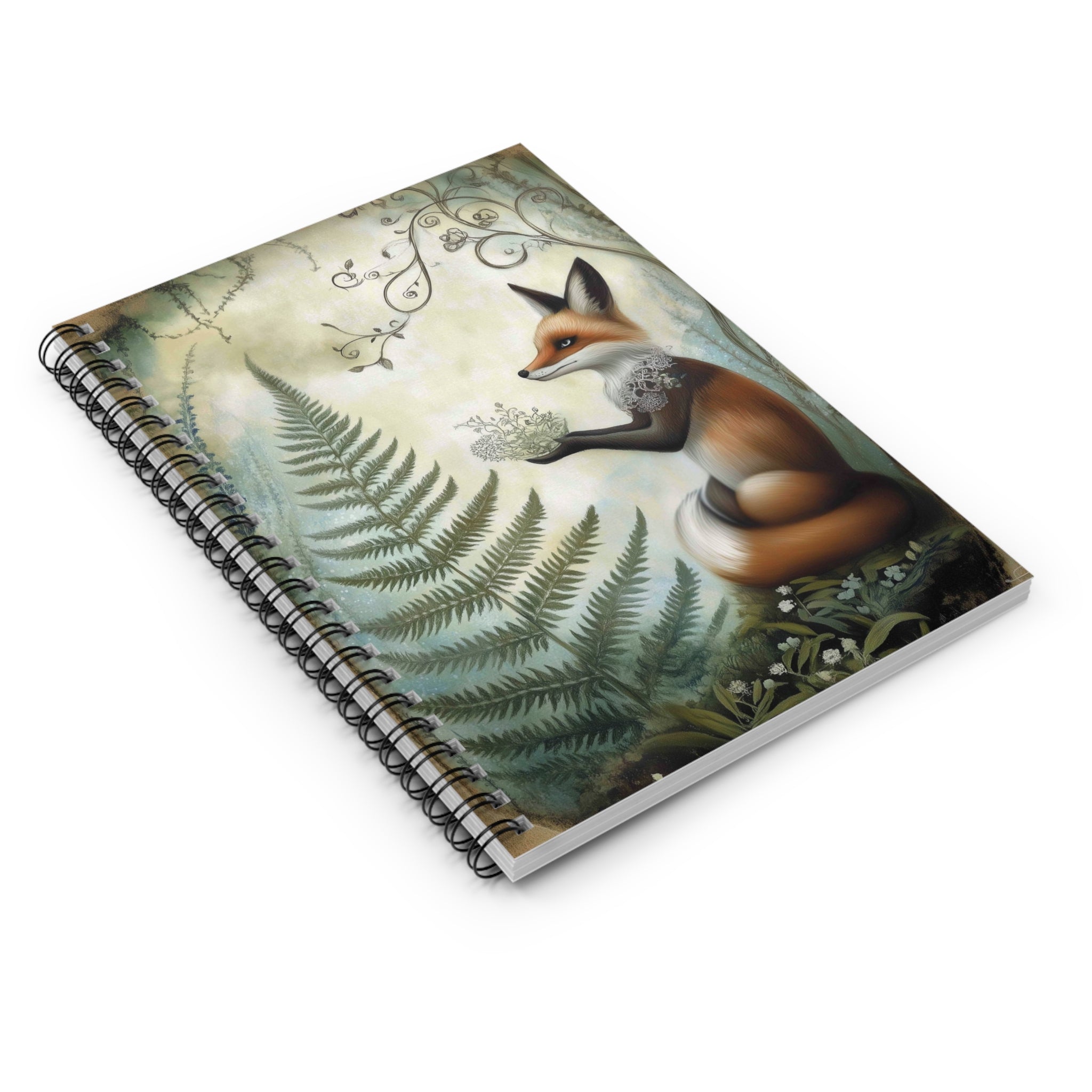 Illustrated red fox holding forest herbs surrounded by ferns and vines in soft woodland tones, whimsical cottagecore notebook cover design