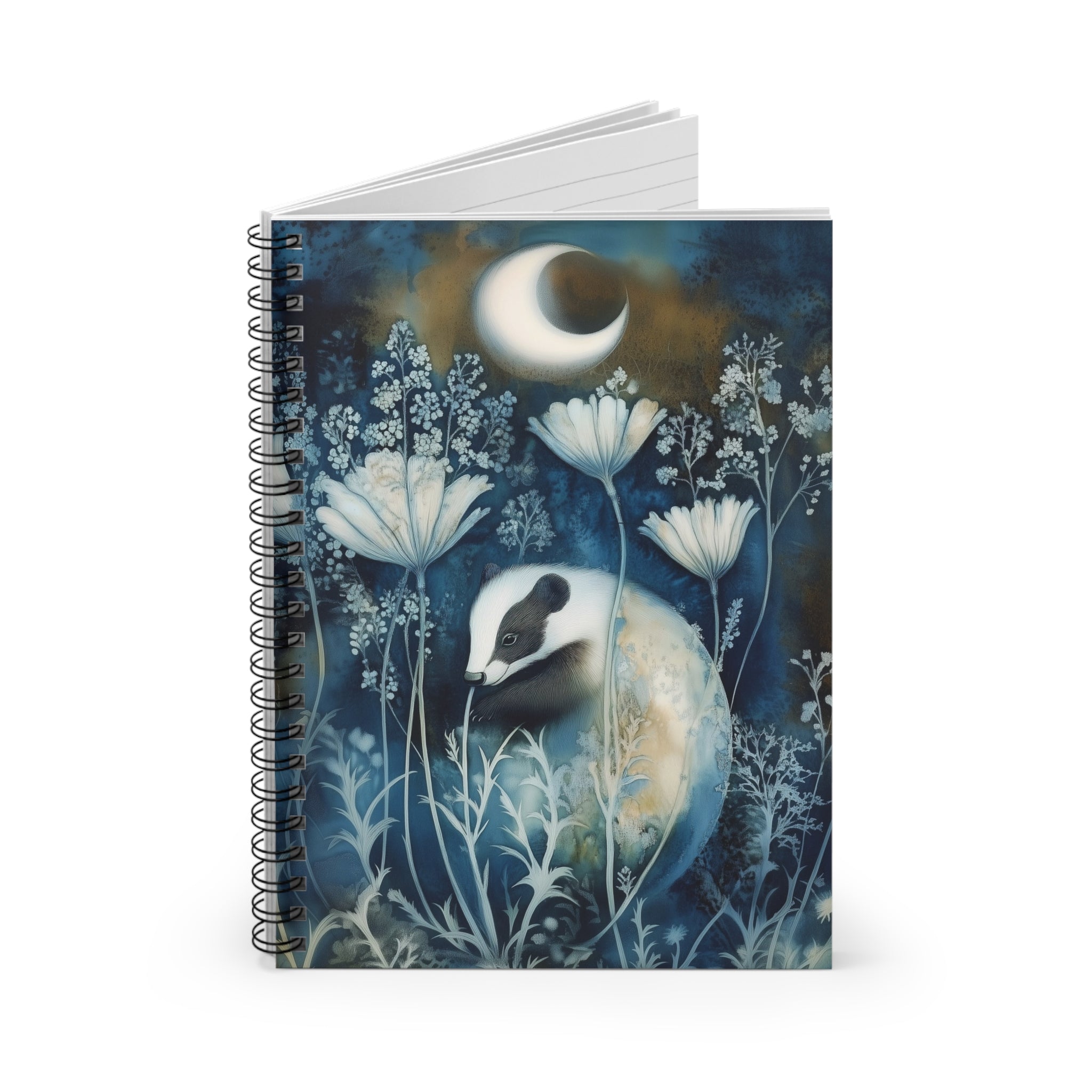 Cyanotype style illustration of a badger under a crescent moon surrounded by delicate woodland flowers
