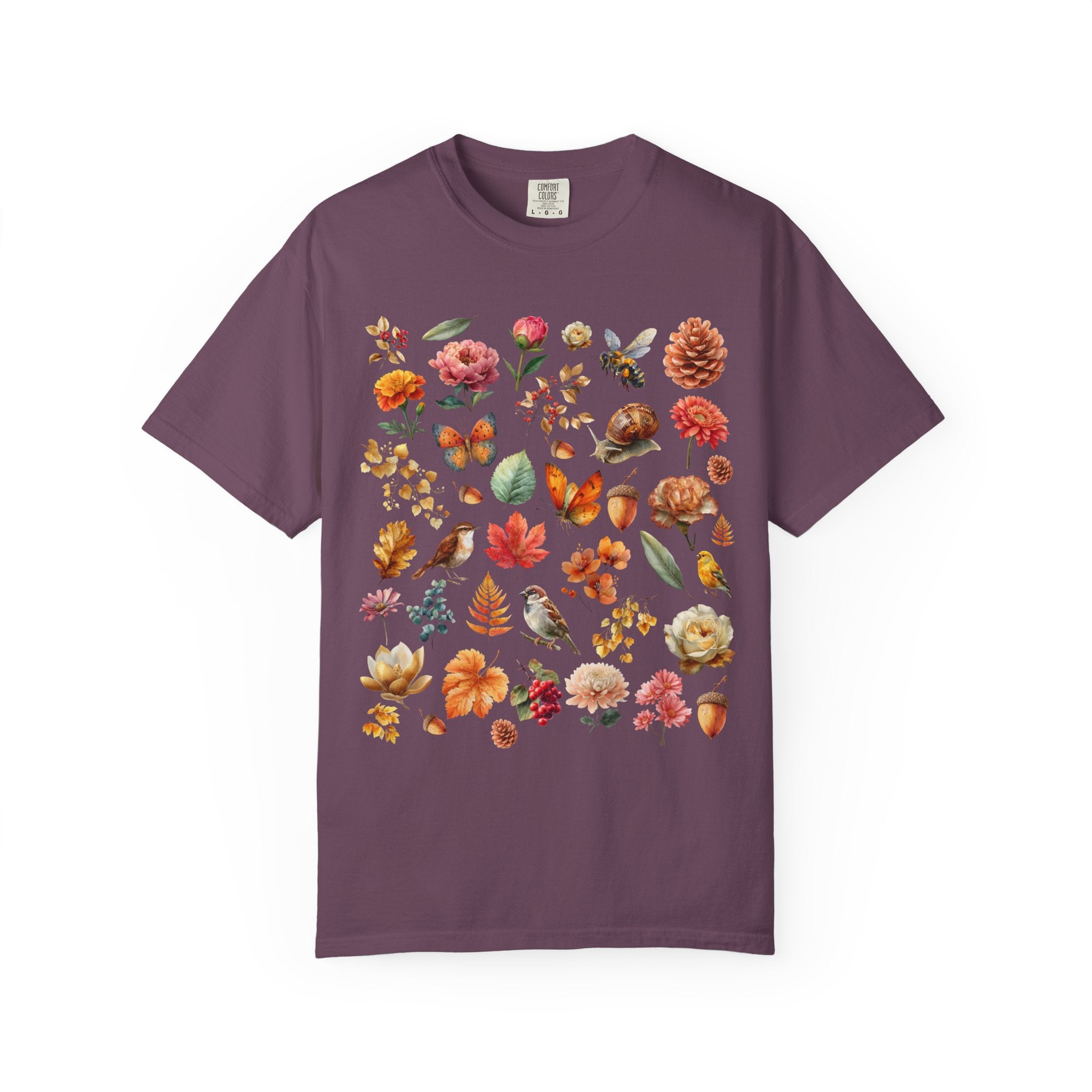 Cottagecore botanical t-shirt with vintage flowers and acorns