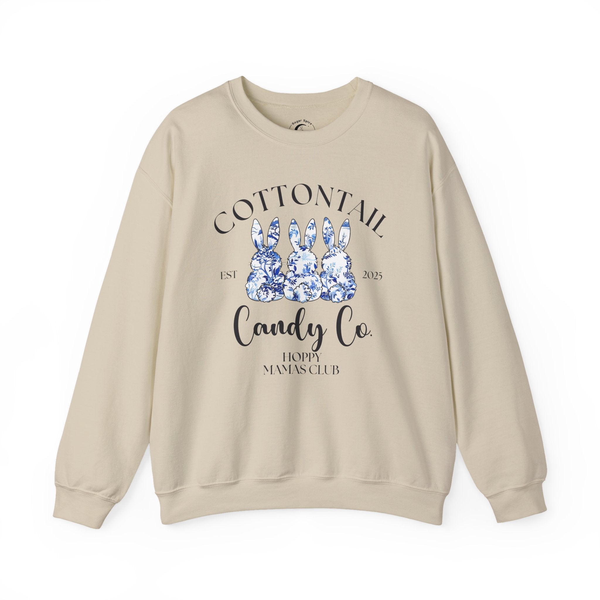 Personalised Hoppy Mamas Club Easter sweatshirt with blue floral bunnies and custom text
