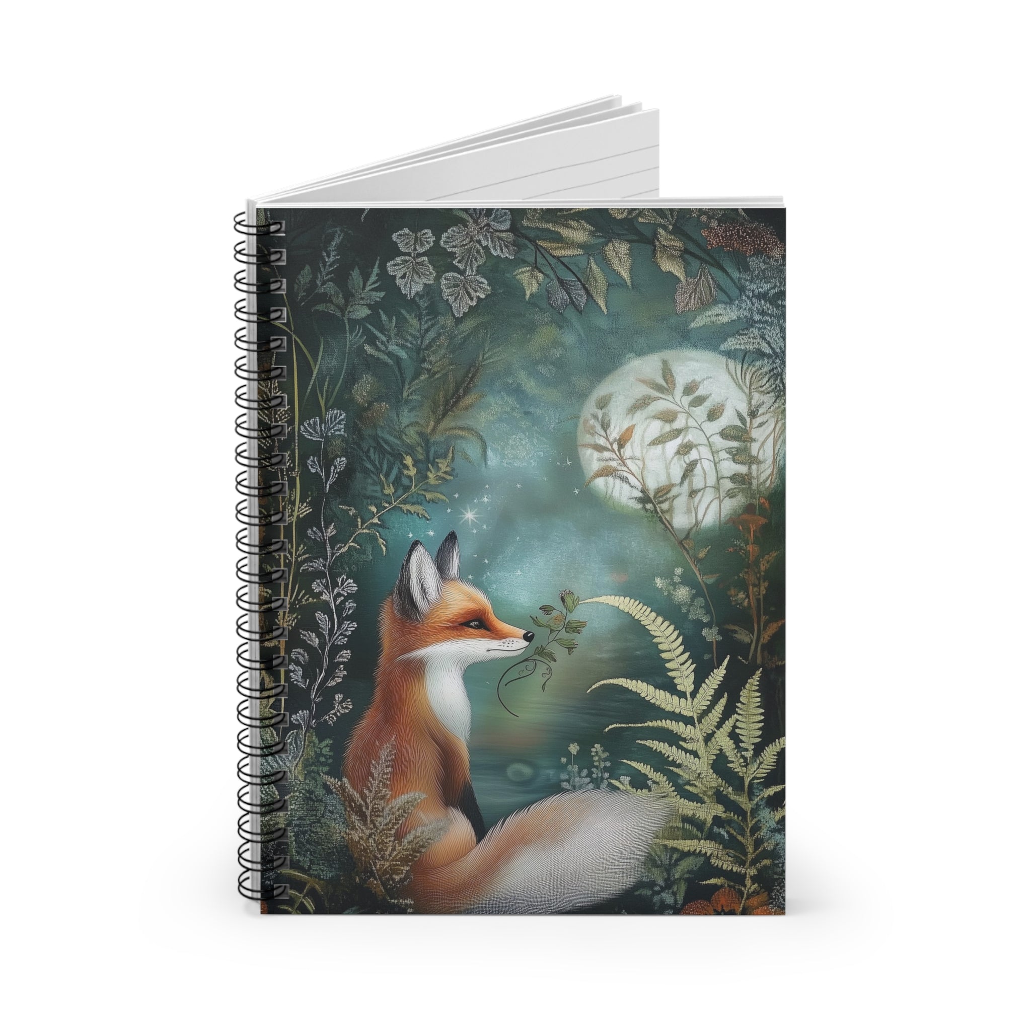 Illustrated red fox under a glowing moon holding a small leafy branch surrounded by ferns and woodland foliage, cottagecore notebook cover design