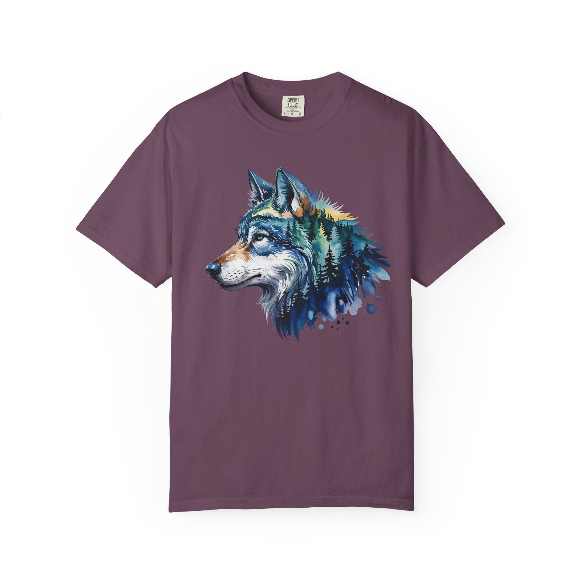 Artistic wolf portrait blended with forest trees and twilight sky in a woodland wilderness design