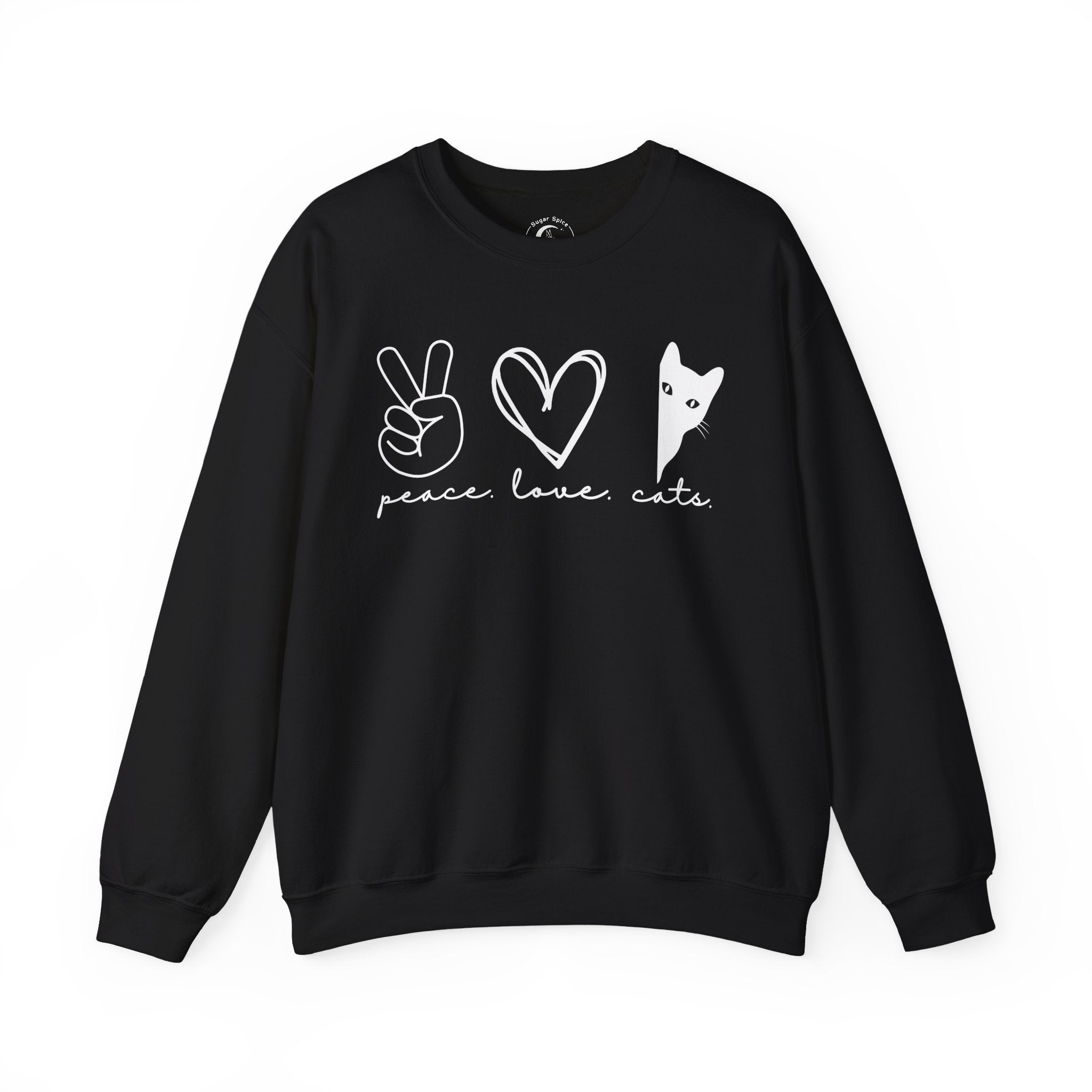 Woman wearing a black Peace Love Cats sweatshirt featuring a minimalist black cat graphic with a peace sign and heart design.