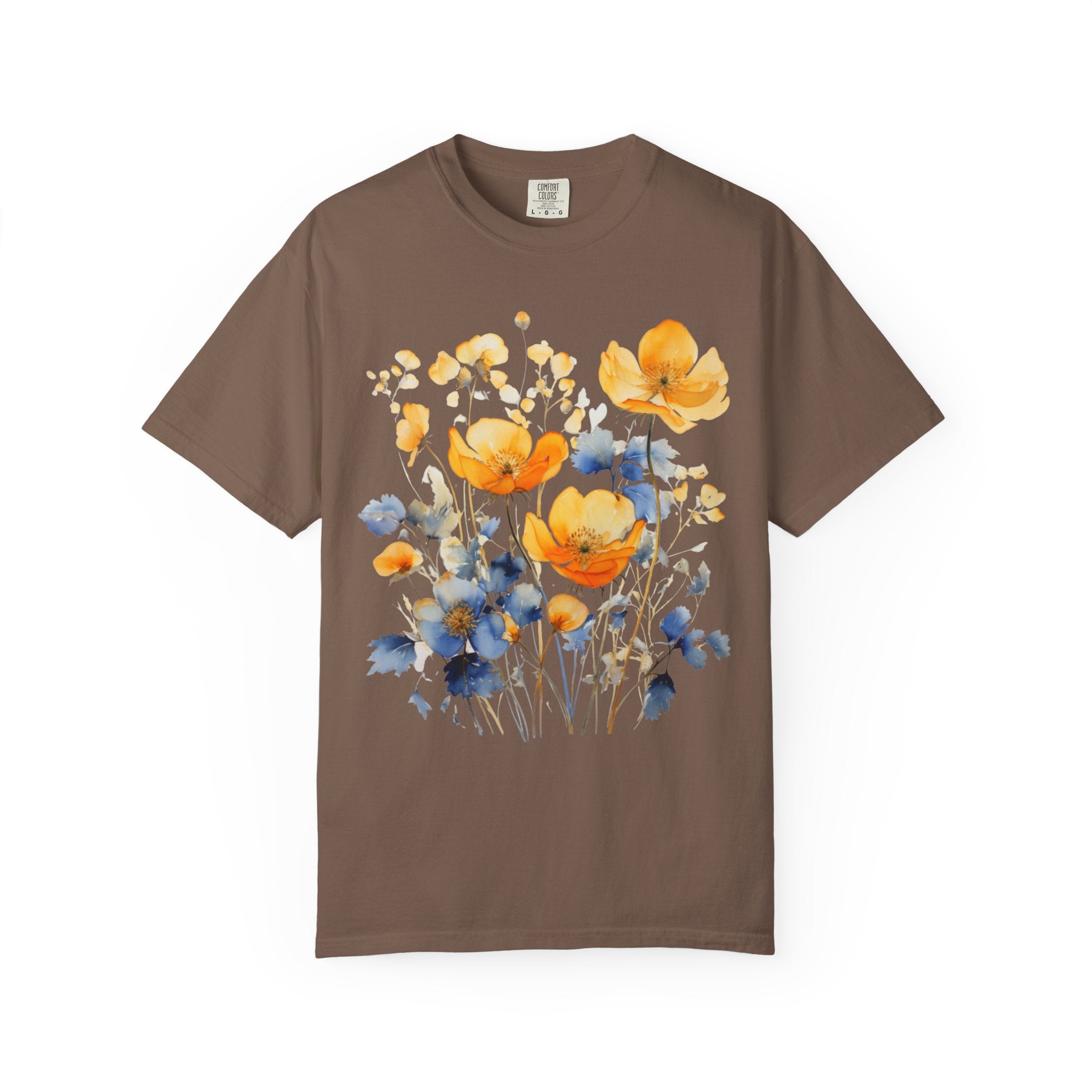 Comfort Colors Pepper t-shirt featuring a Nordic wildflower botanical design with earthy orange, yellow, and charcoal florals in a cottagecore style