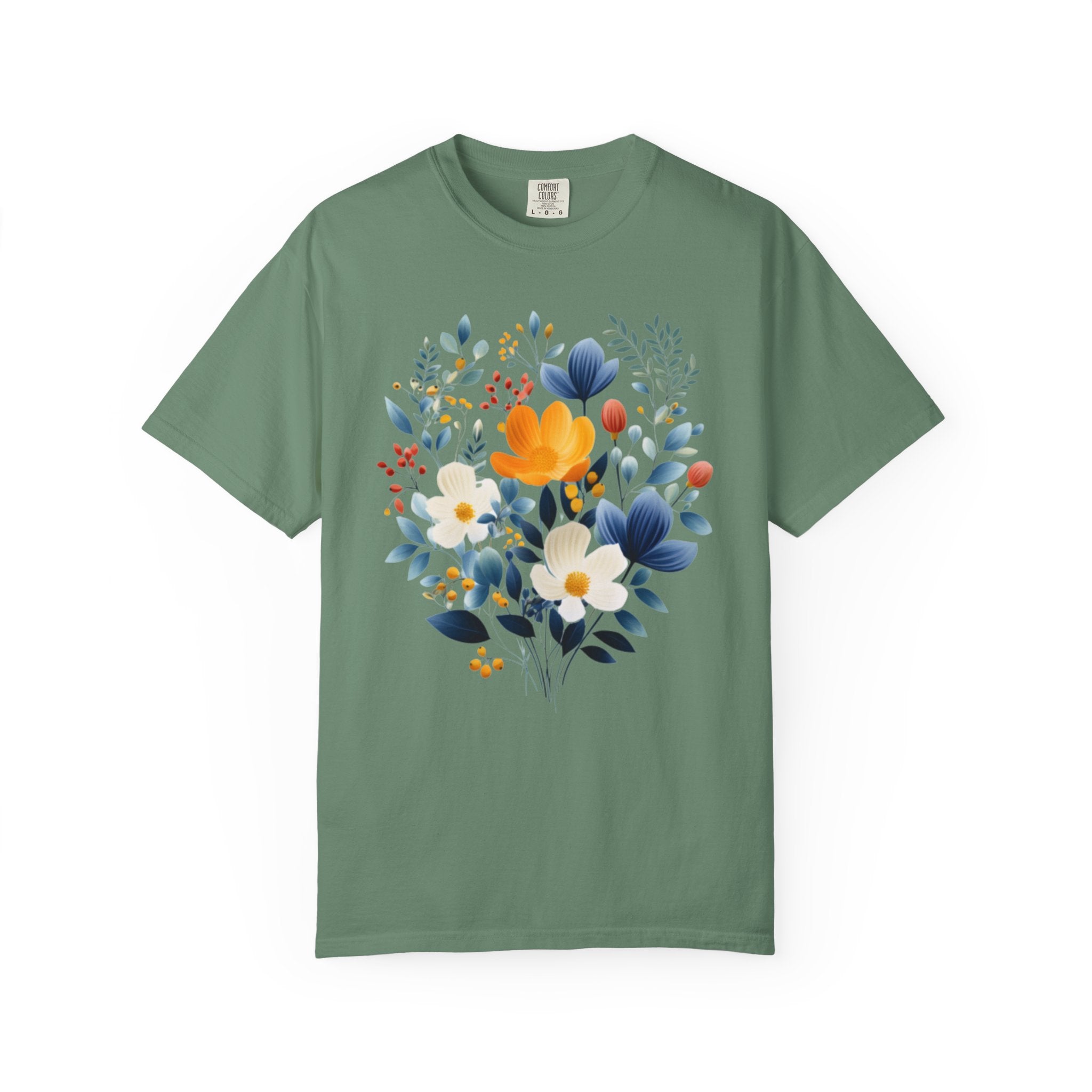 Nordic folk wildflower bouquet with blue, ivory, and yellow flowers on a cottagecore floral shirt