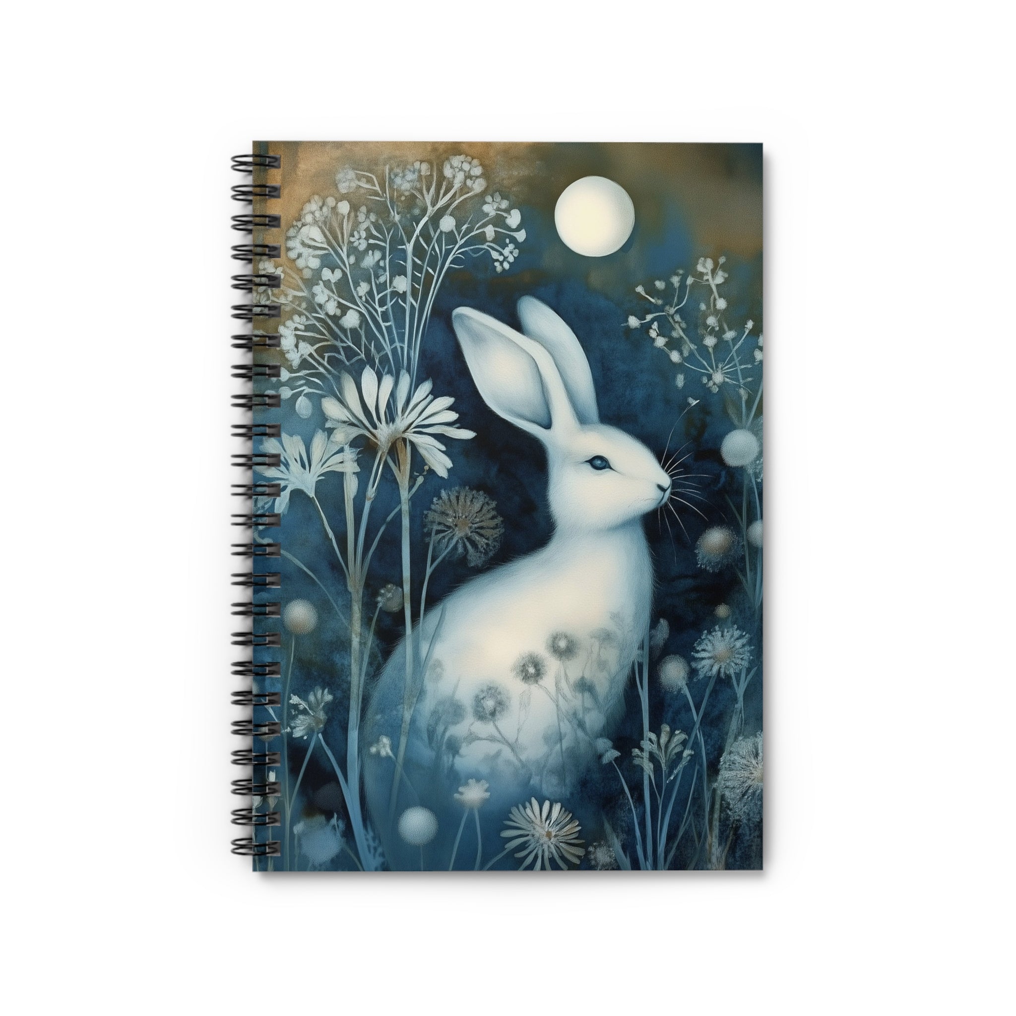 Cyanotype style illustration of a white hare sitting under a glowing moon surrounded by delicate woodland flowers