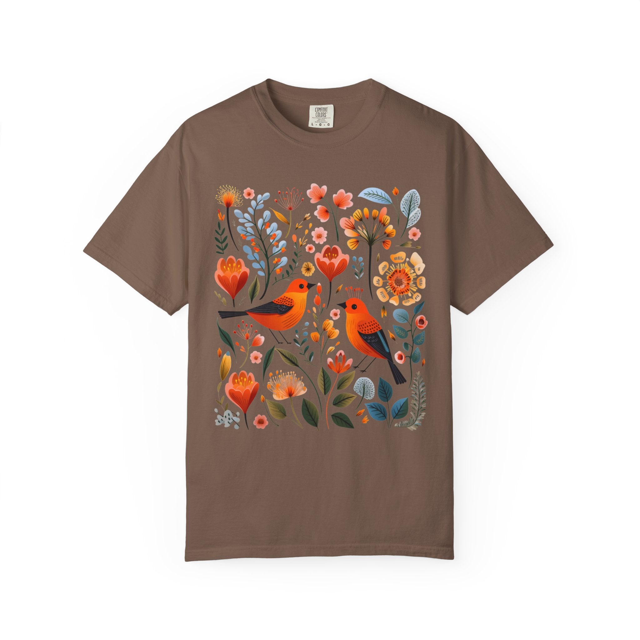 Scandinavian folk art design with two orange songbirds surrounded by blue and orange flowers in a Nordic floral pattern.