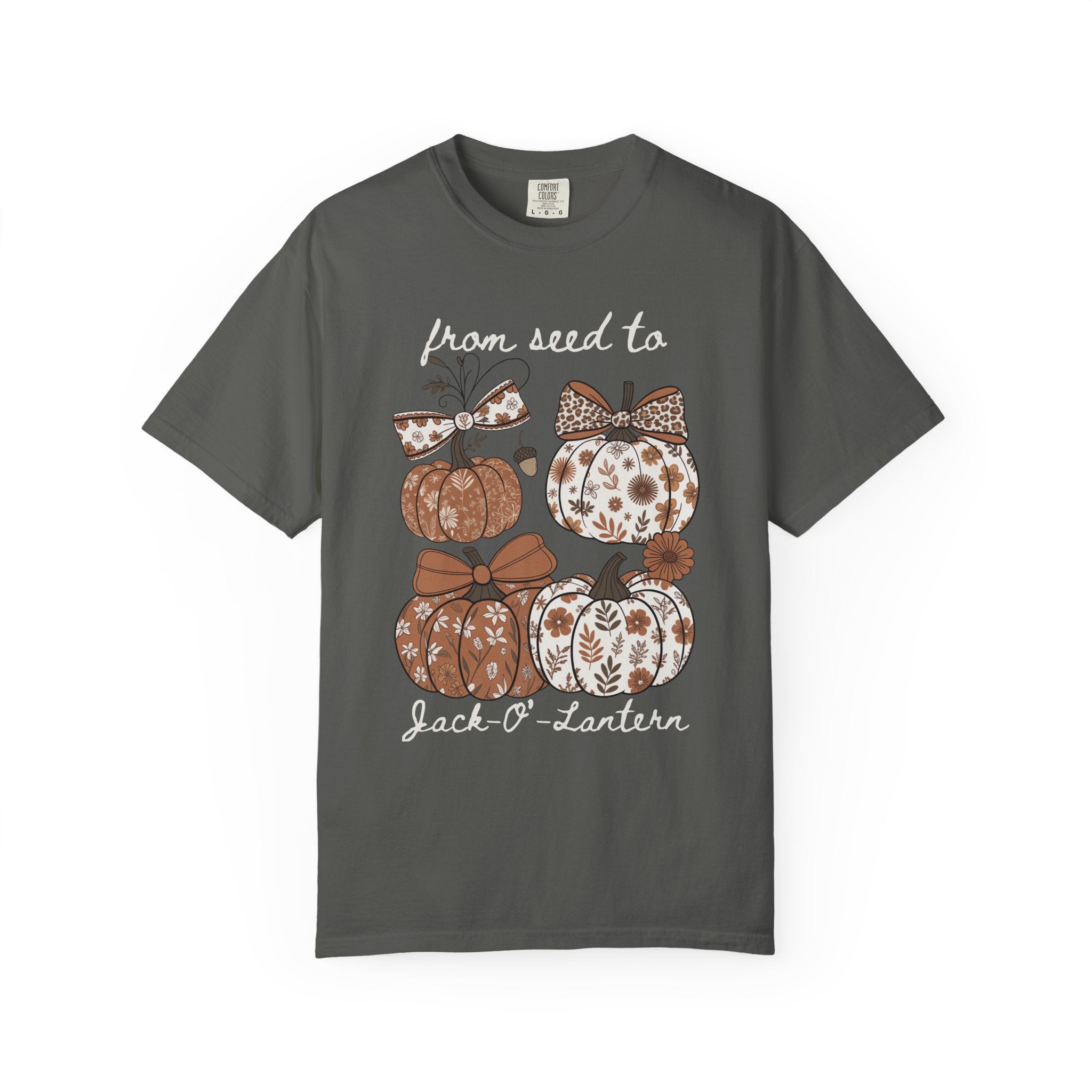 Whimsical fall shirt design featuring four patterned pumpkins with floral and bow details, with the text “From Seed to Jack-O’-Lantern.”