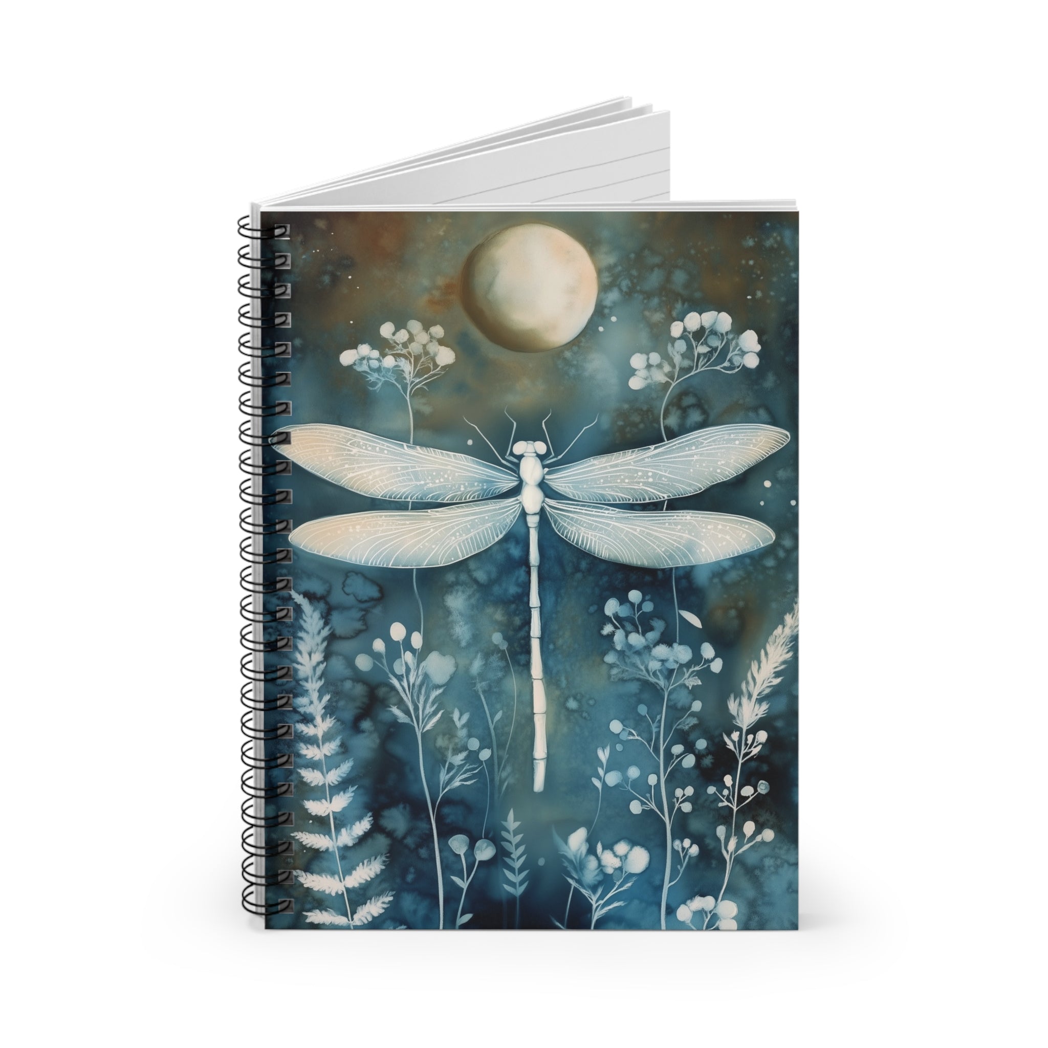 Cyanotype style illustration of a dragonfly under a glowing moon surrounded by delicate botanical plants