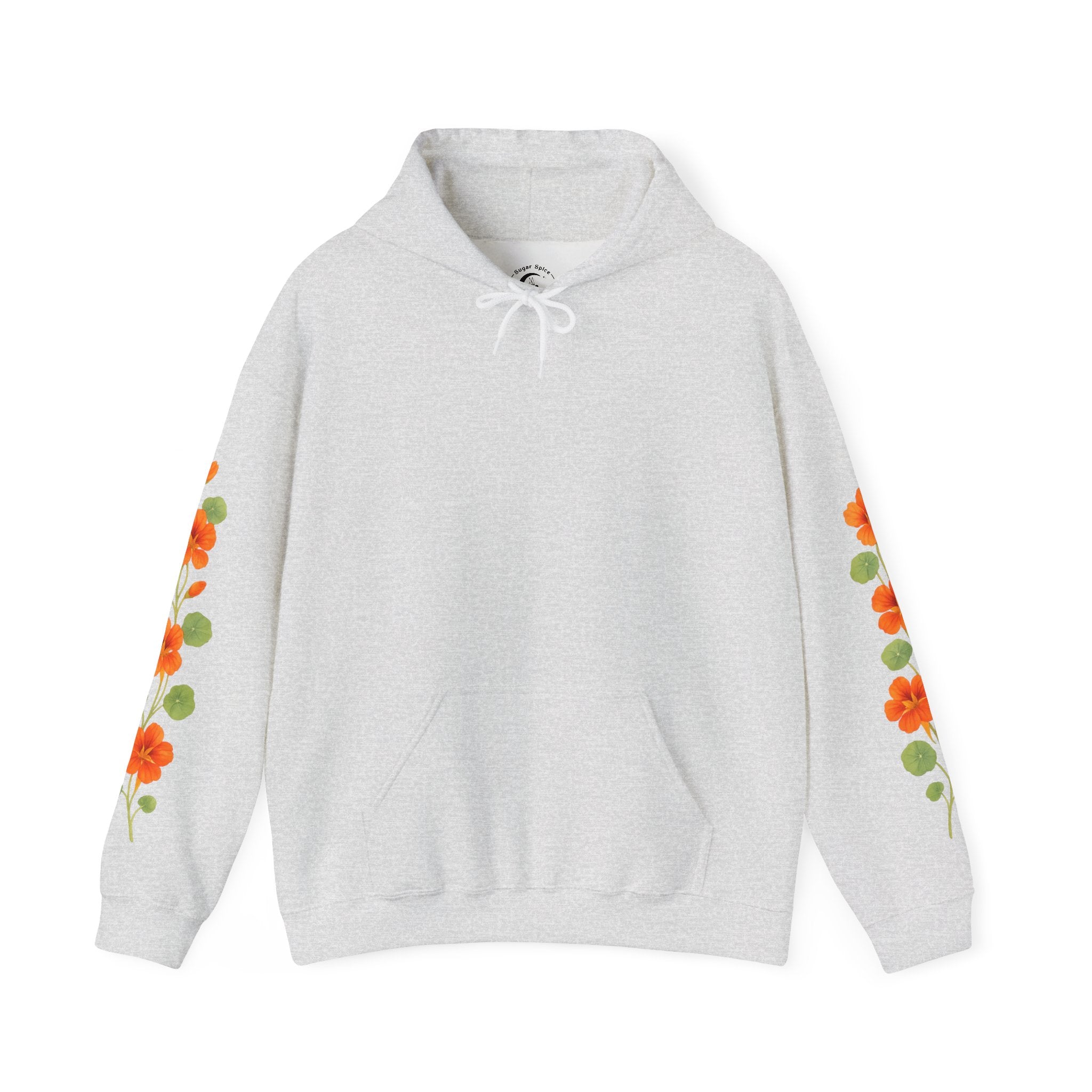 Botanical cottagecore hoodie with nasturtium vine sleeve print