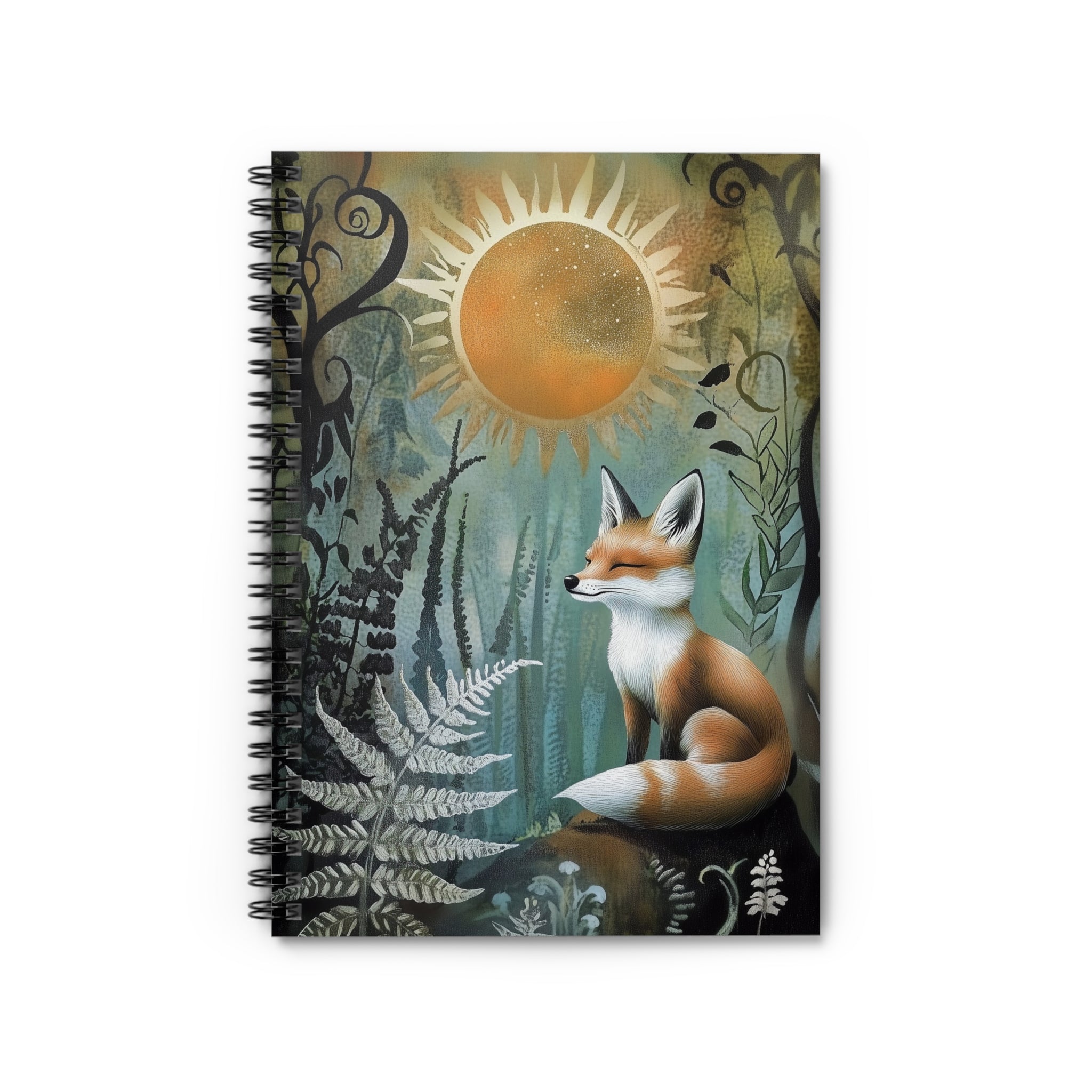 Illustrated red fox sitting peacefully under a glowing golden sun surrounded by ferns and woodland foliage, cottagecore notebook cover design