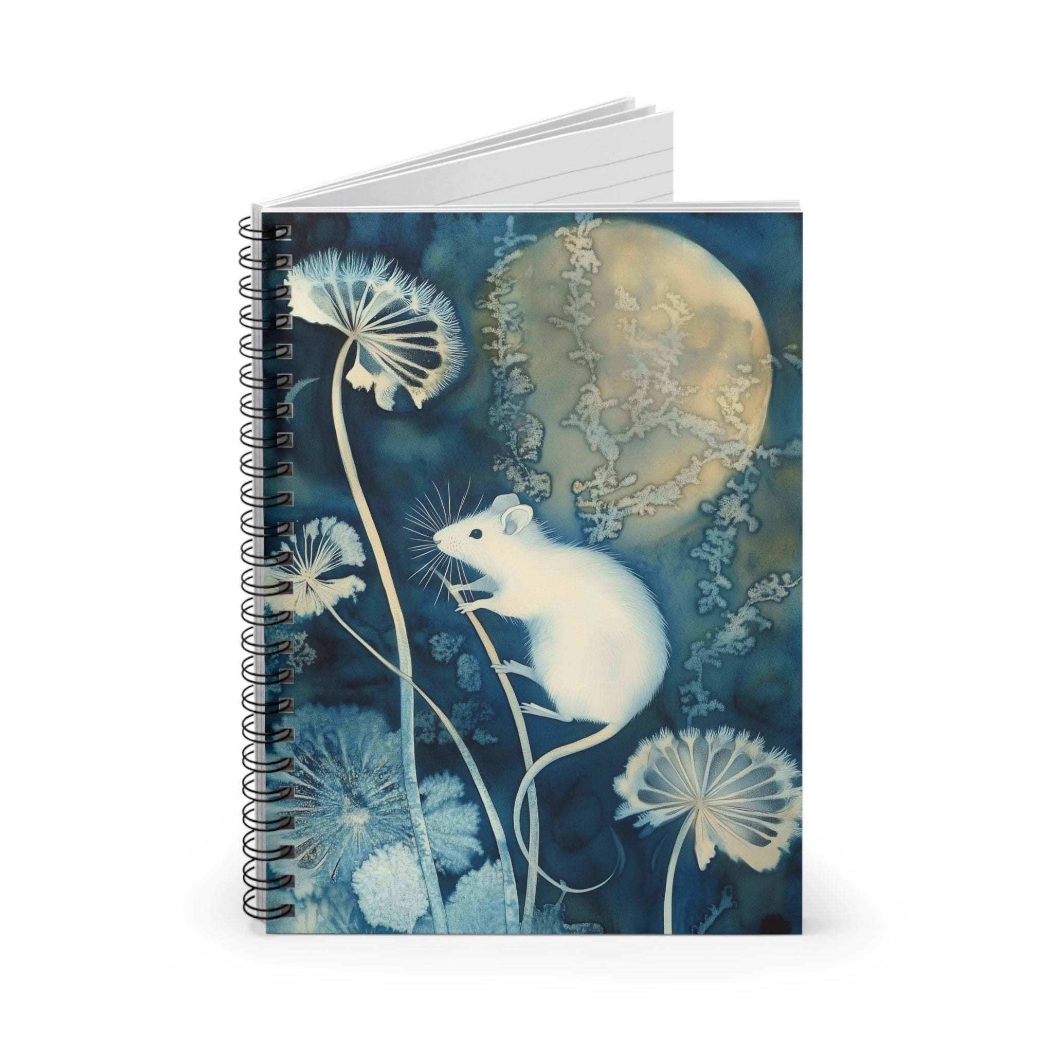 Cyanotype style illustration of a white mouse climbing dandelion stems under a glowing moon surrounded by botanical plants