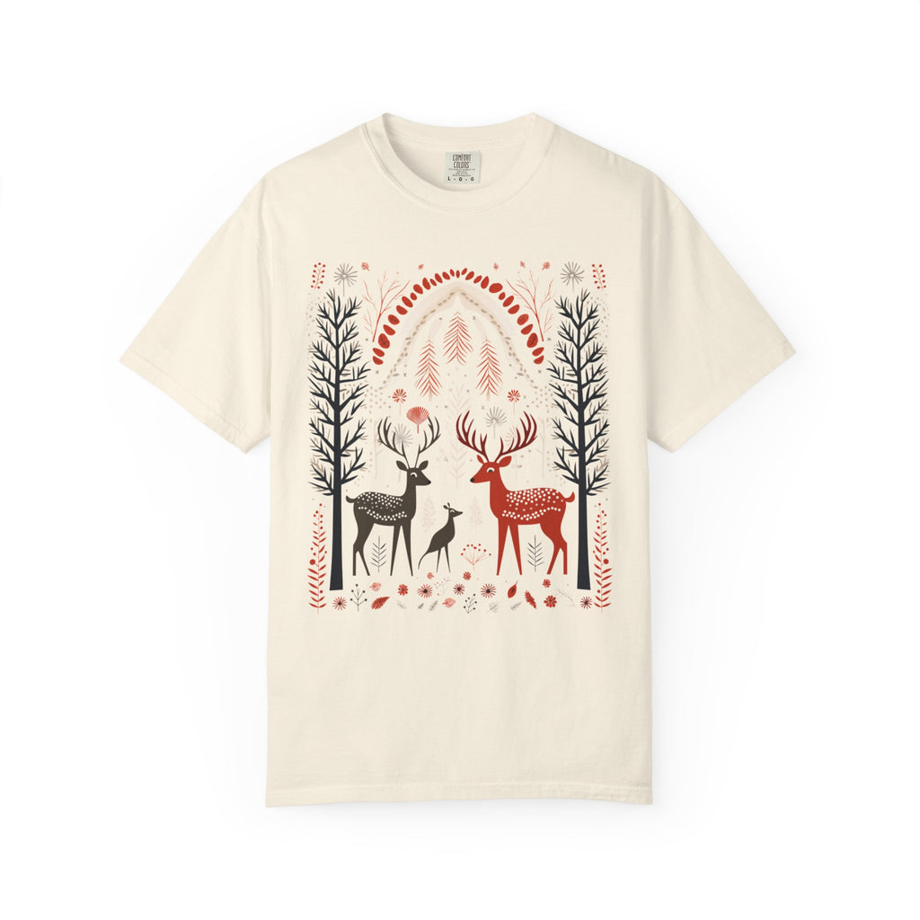 Nordic folk art deer family standing in a winter forest with trees, leaves, and snowfall motifs