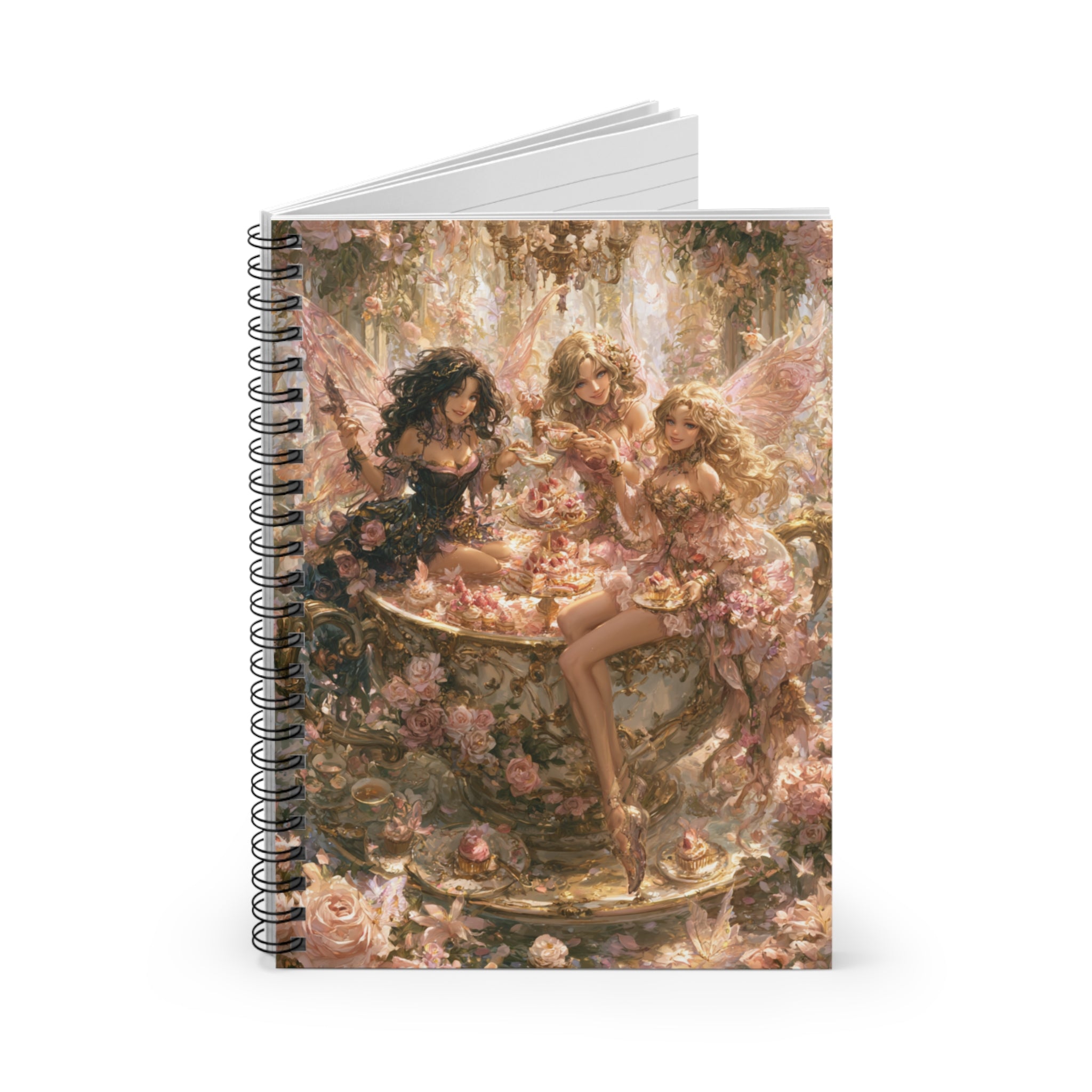 Whimsical fairy tea party journal featuring three fairies sitting inside a giant floral teacup surrounded by roses, pastries, crystal chandeliers, and magical fairycore garden artwork in soft pink tones. 🌸🧚‍♀️✨