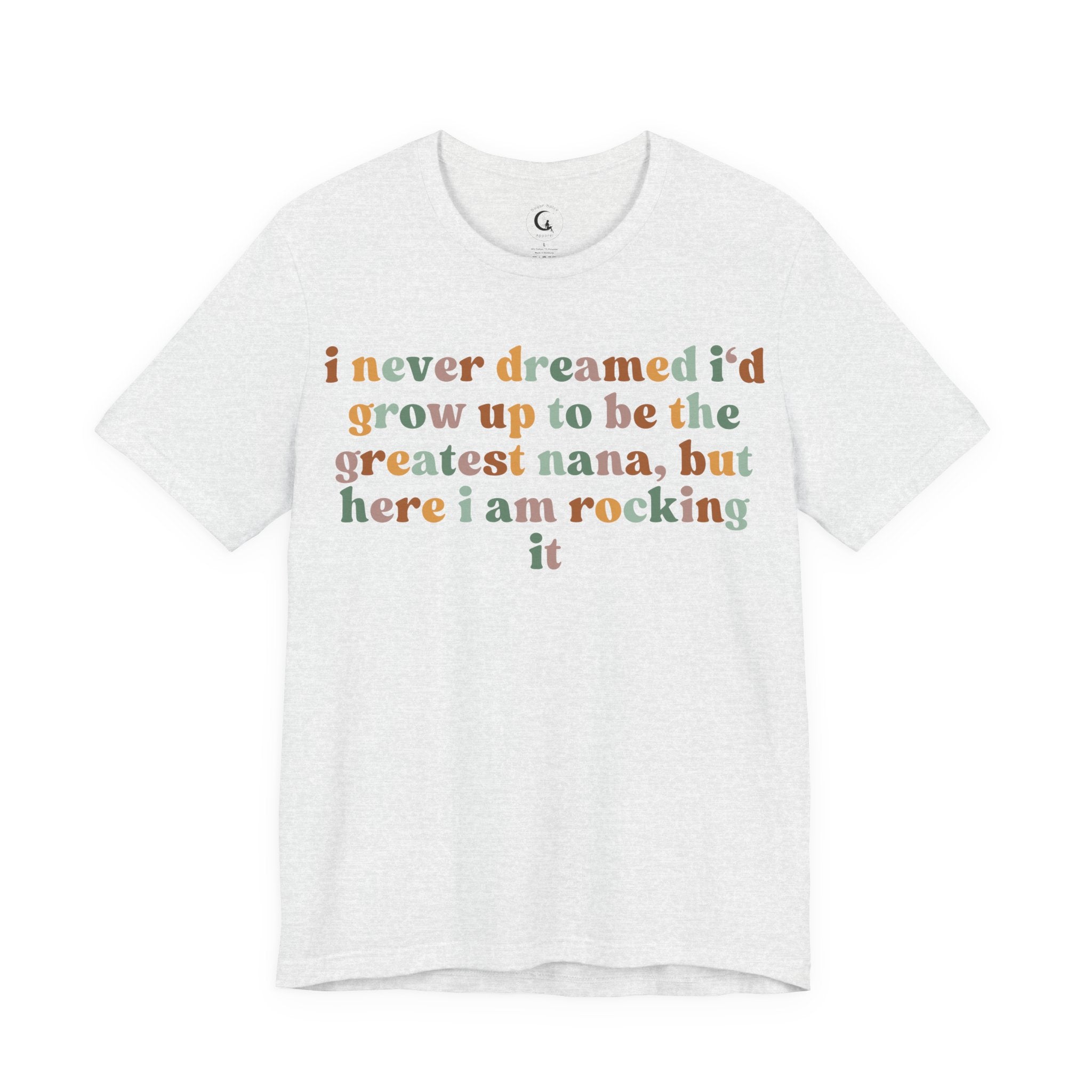 Retro-style text reading “I never dreamed I’d grow up to be the greatest nana, but here I am rocking it” in warm pastel colours on a black background.