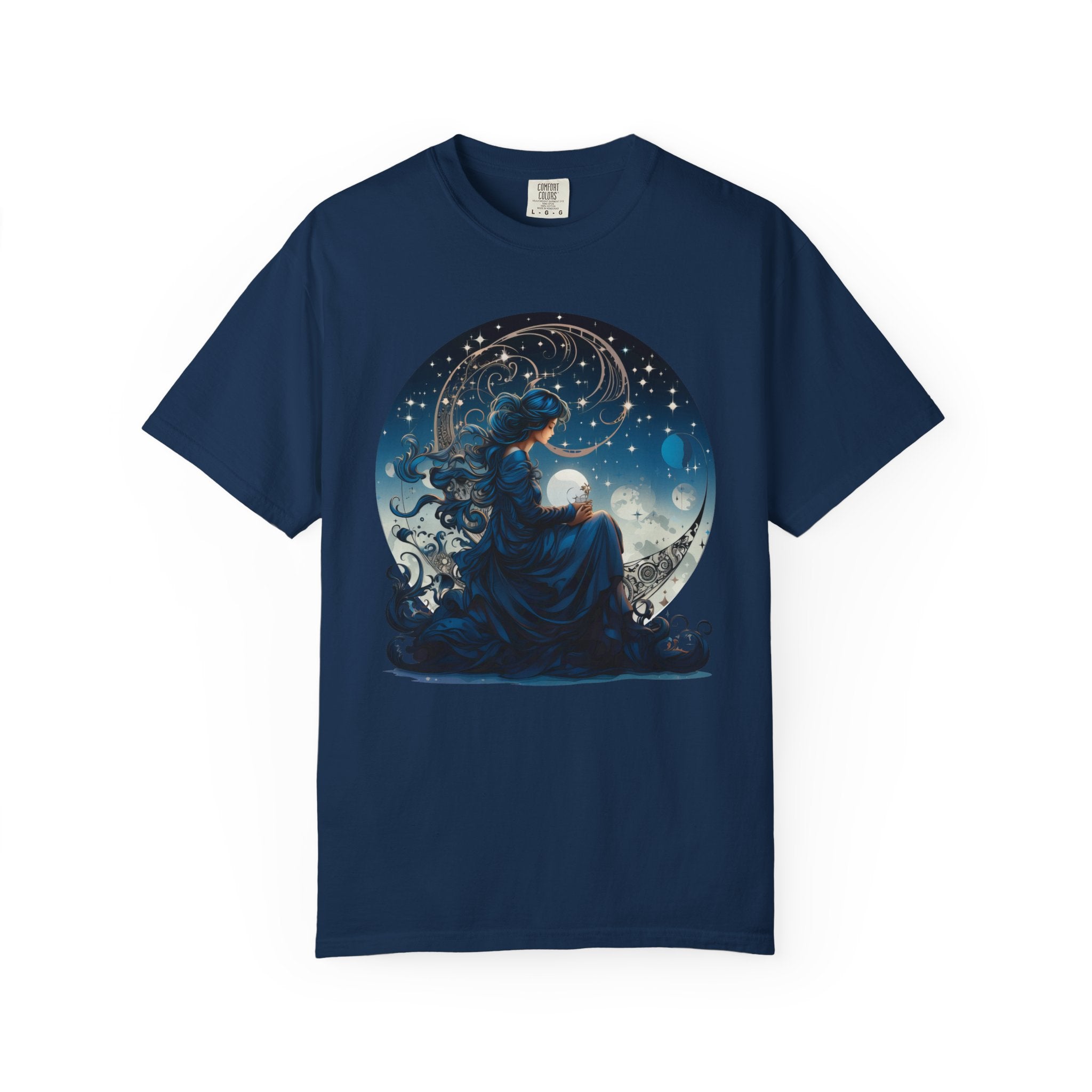 Celestial witch sitting on crescent moon surrounded by stars, blue cosmic aesthetic t-shirt design