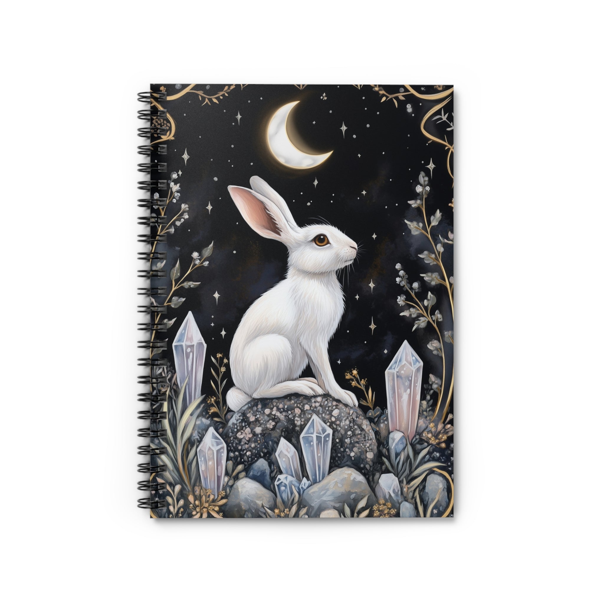 White rabbit under crescent moon surrounded by crystals and golden foliage on a dark starry night background, whimsical cottagecore notebook cover design